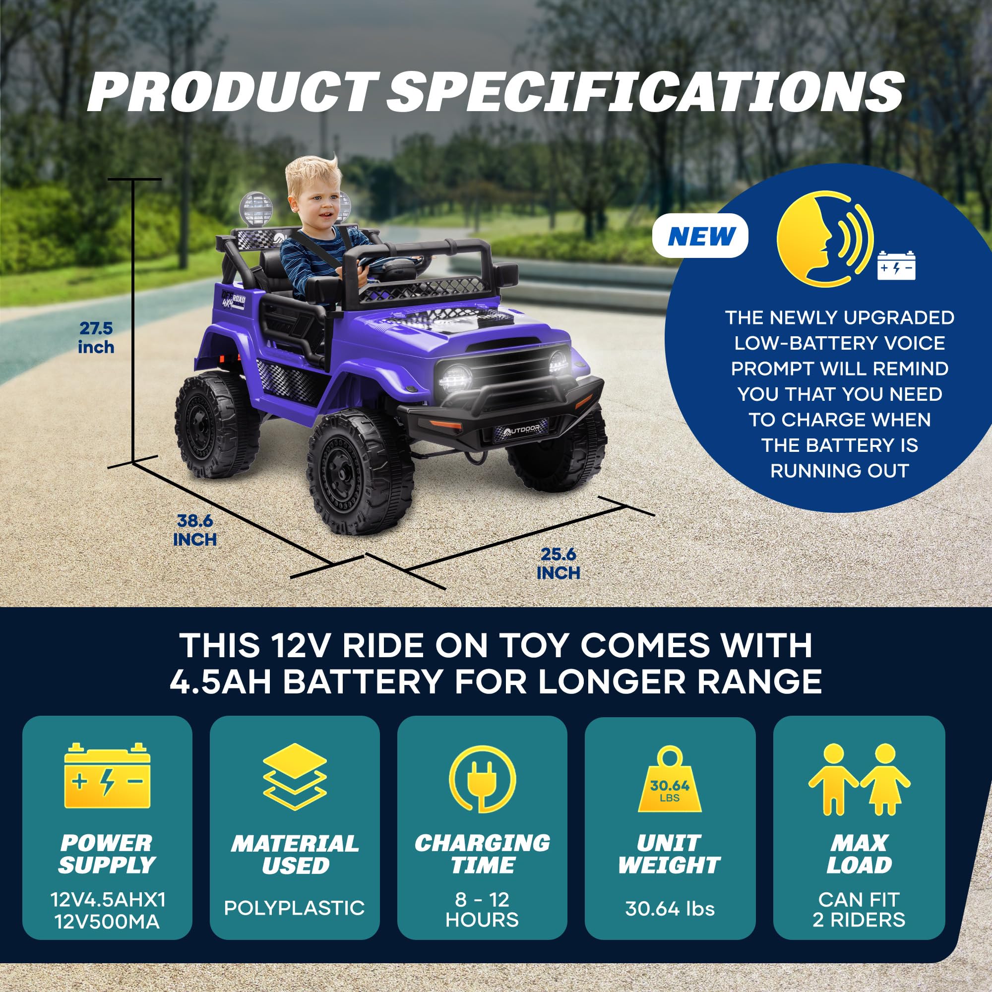 Outdoor Cruiser 12V Kids Ride-On Car with Remote Control - Dual 25W Motors, 4.5AH Battery, Safety Belt, Emergency Stop, Spring Suspension, Smooth Terrain Drive, Max Load 66 lbs, Ages 3-8 Years, Violet