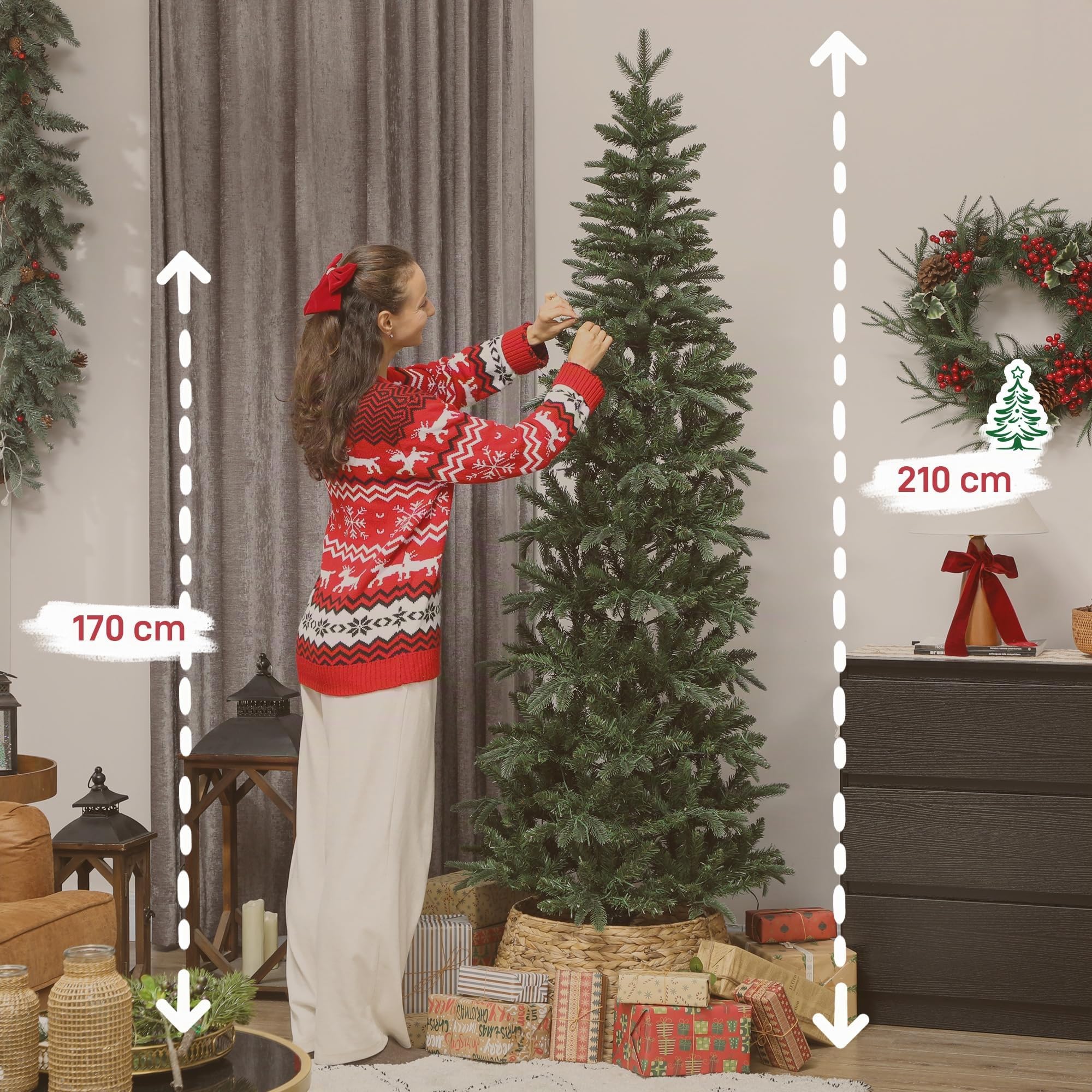 HOMCOM Sapin de Noël Artificiel 210 cm Slim, 8 Modes d’Éclairage, Vert | Lumières Blanches Chaudes, 8 Modes d'Éclairage, 826 Pointes de Branche Articulée, Support en Métal, Plastique Ignifuge