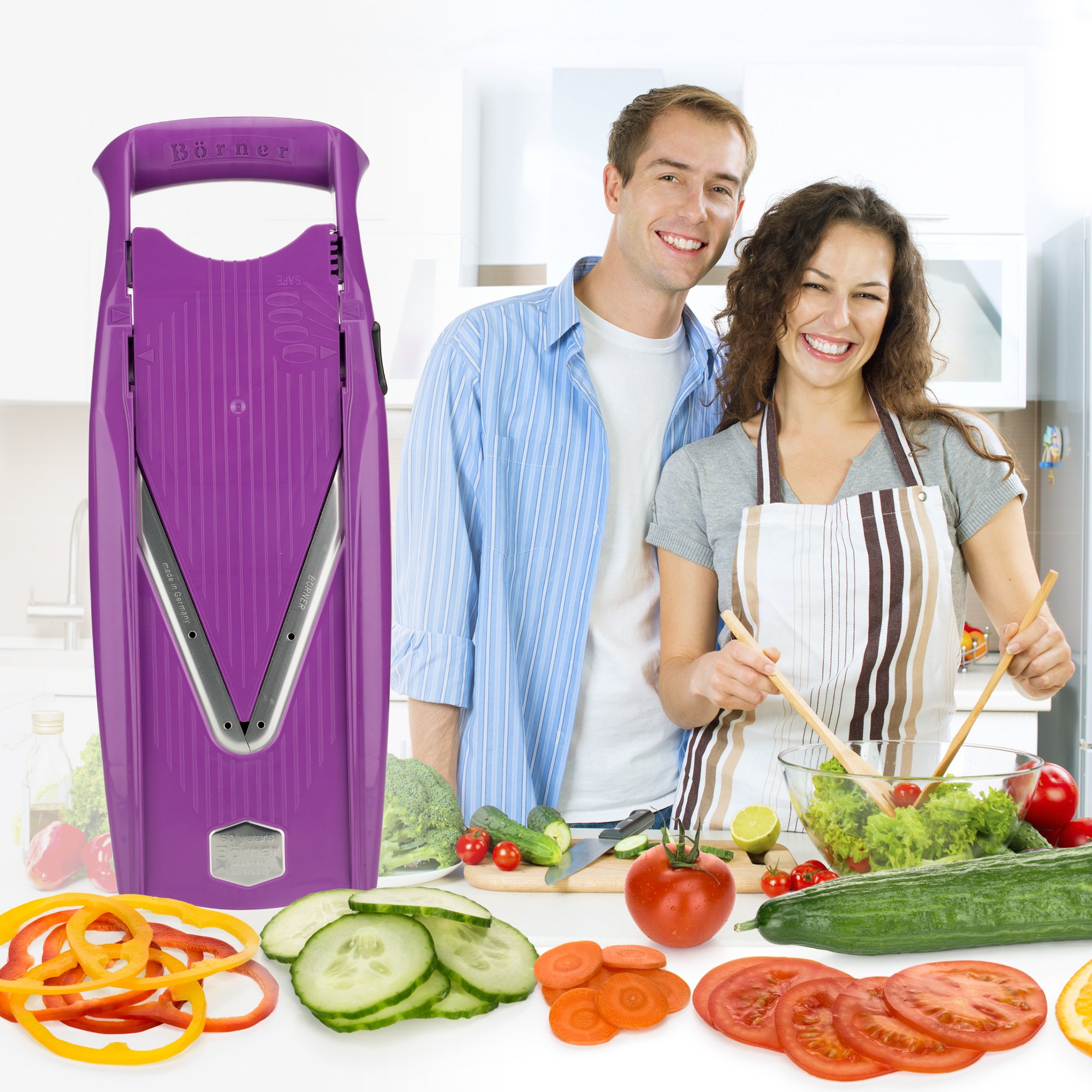 Coupe-Légumes Börner V5 (Set de Base) • Mandoline en V pour tranches de 4 épaisseurs • Trancheuse avec lame en acier inoxydable • Mandoline réglable pour fruits & légumes • Violet