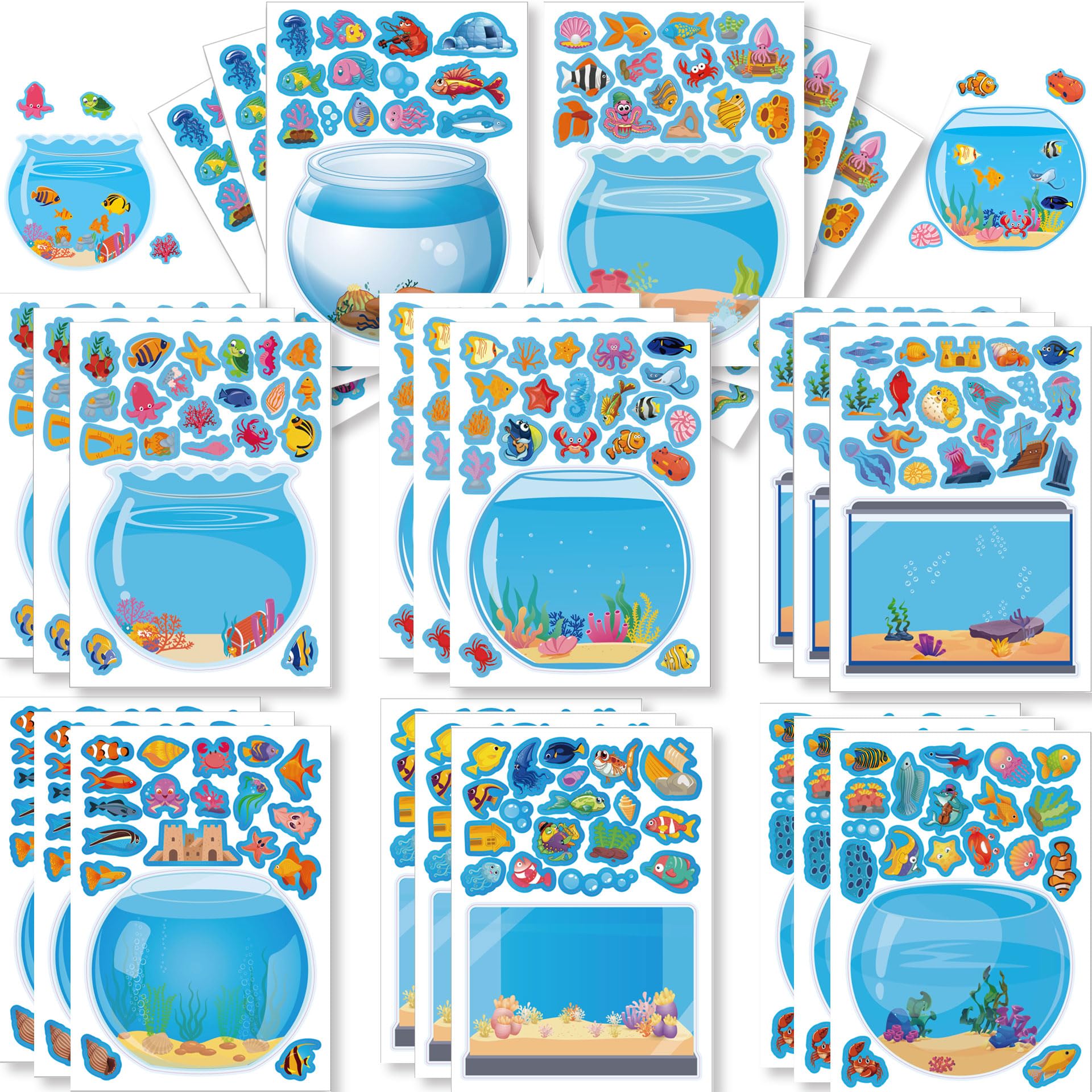 24 Sheets Make Ocean Animals Worlds Scene Stickers Sea Animal Scene Sticker Art Craft for Kids Toddlers with Tropical Fish Jellyfish Crab Turtle Stickers Kids Party Favor Supplies Crafts