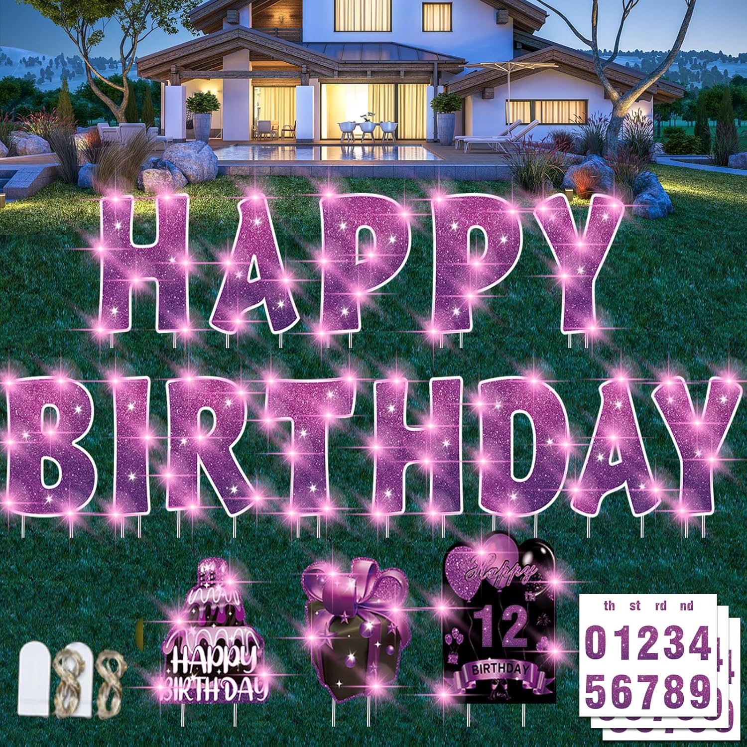 16Pcs Happy Birthday Yard Signs with Stakes,Purple Personalized Age Birthday Party Decorations Lawn Sign 42Pcs Number Stickers 15In Large Size Birthday Letters Patio Garden Outdoor Supplies