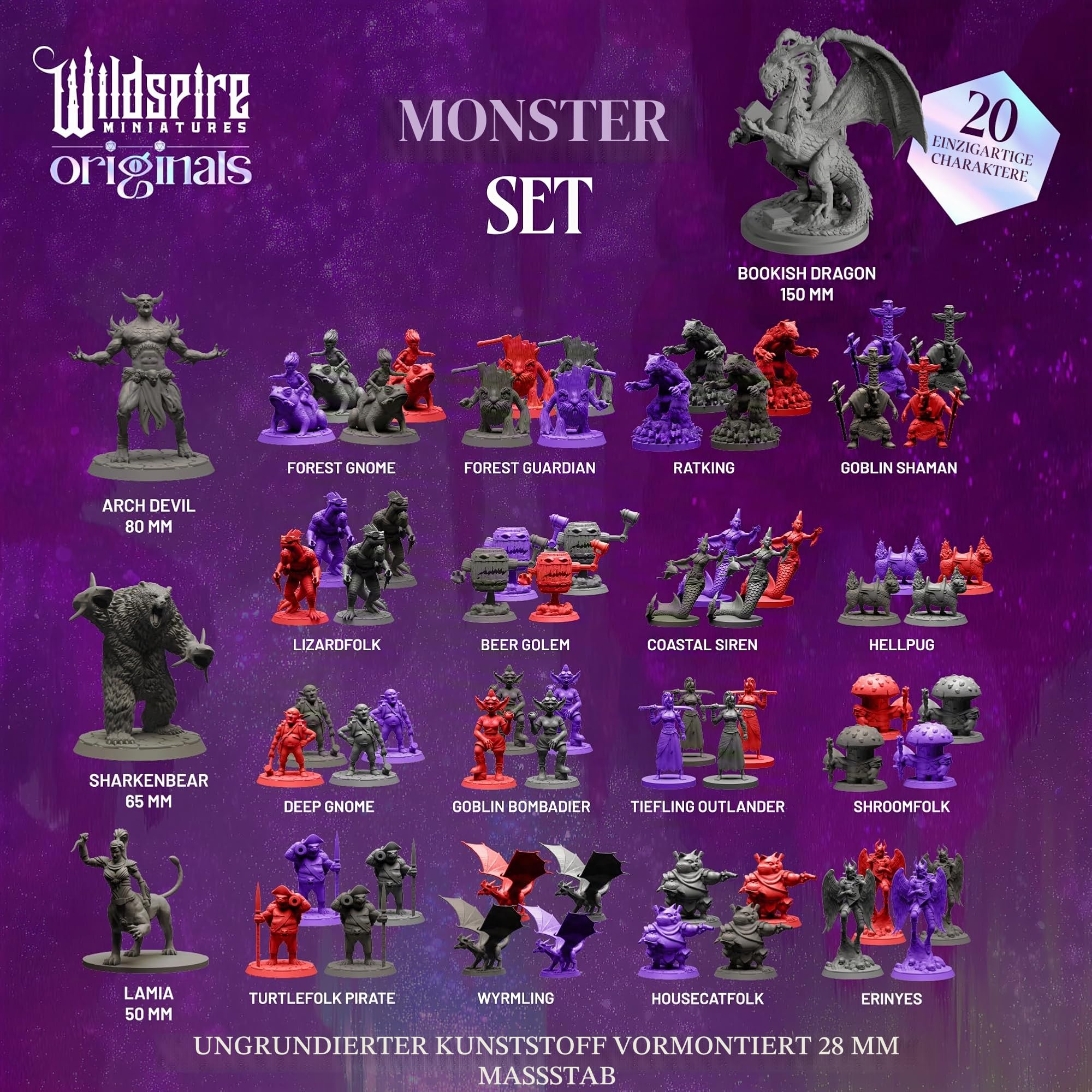 Wildspire Fantasy Miniatures & Bookish Dragon für DND - 28mm-32mm Bulk Dungeons & Dragons Monster Figuren - Pathfinder Starter Set