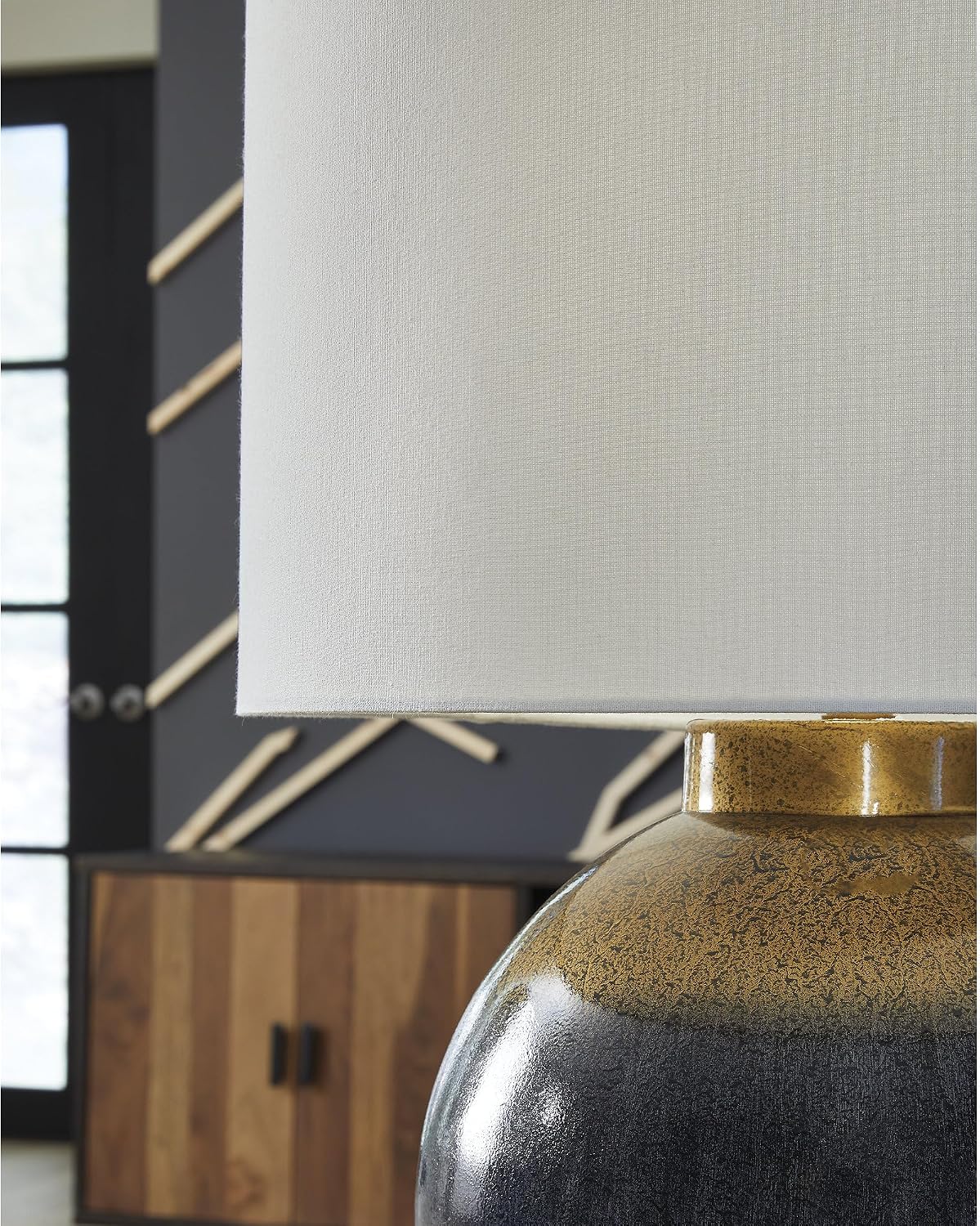 Signature Design by Ashley Table Lamp, Retro Blue with Gold Base | Dark fabric drum shade over a gold table lamp base with 3-way switch, Tall table lamps for living room, Adara Series
