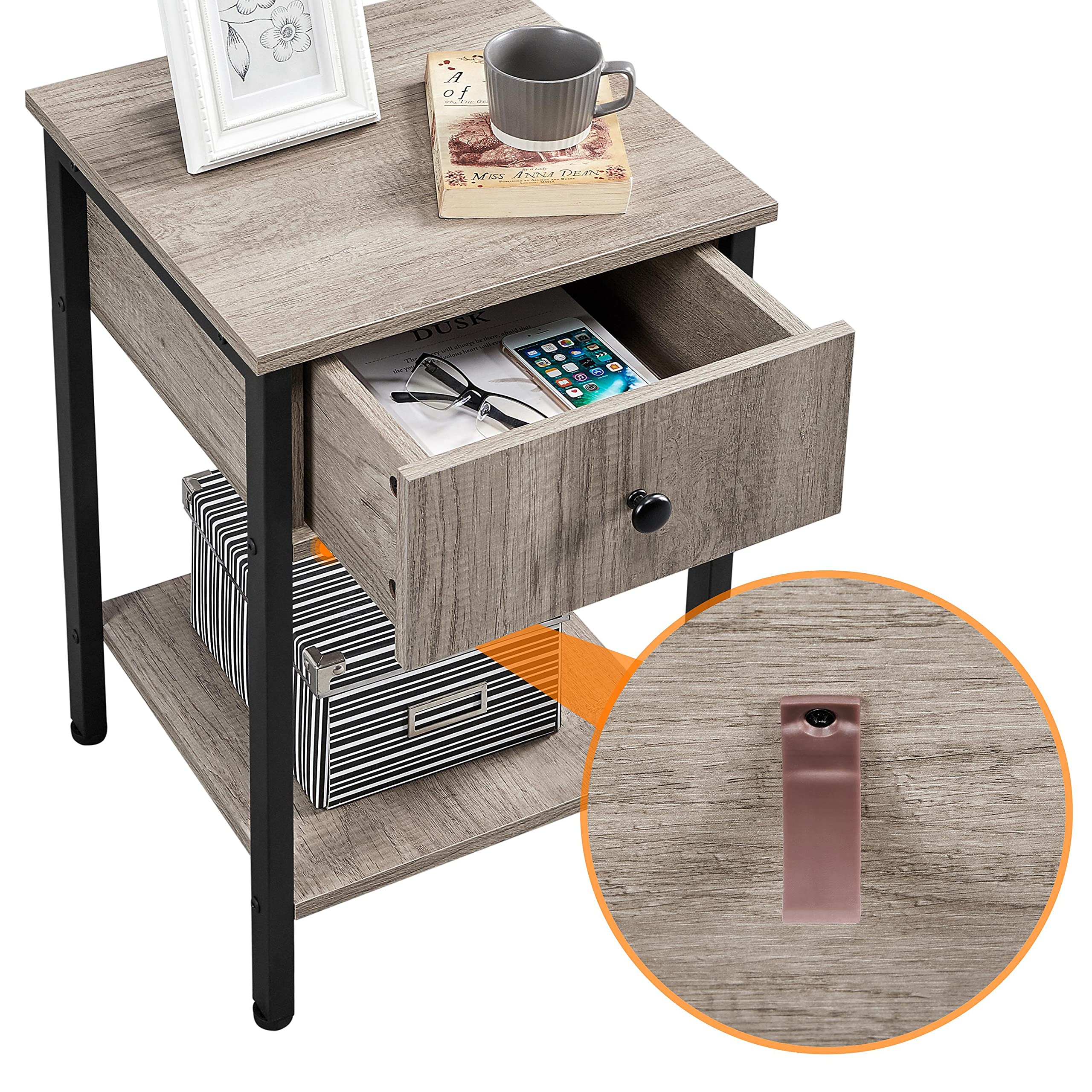 Yaheetech Bijzettafel met 2 laden en plank, industriële