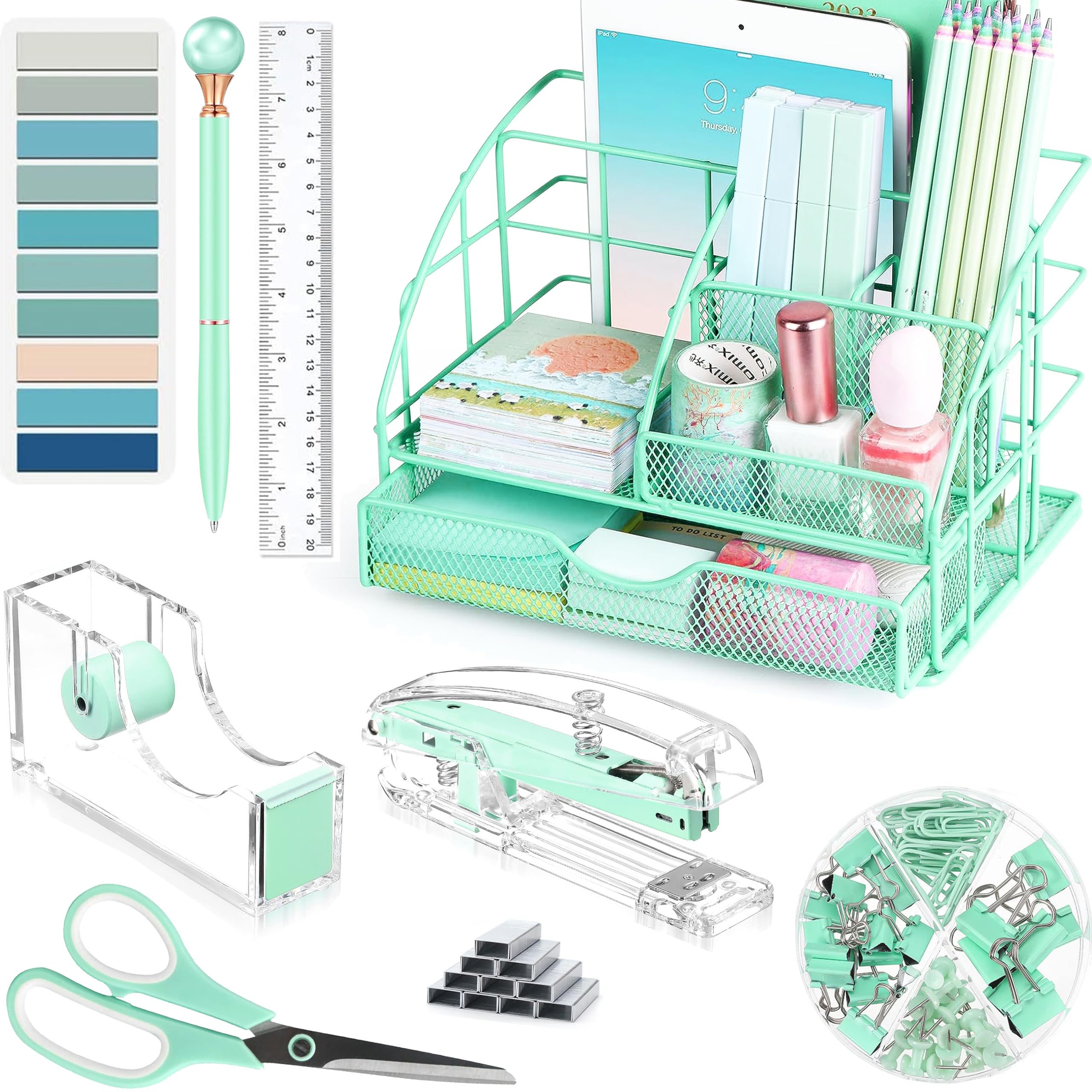 Green Desk Accessories, Office Desk Organizers and Accessories Supplies with Mesh Desk Organizer, Tape Dispenser, Stapler, Staples, Ballpoint Pen, Clips Set, Ruler, Scissor, Sticky Tabs