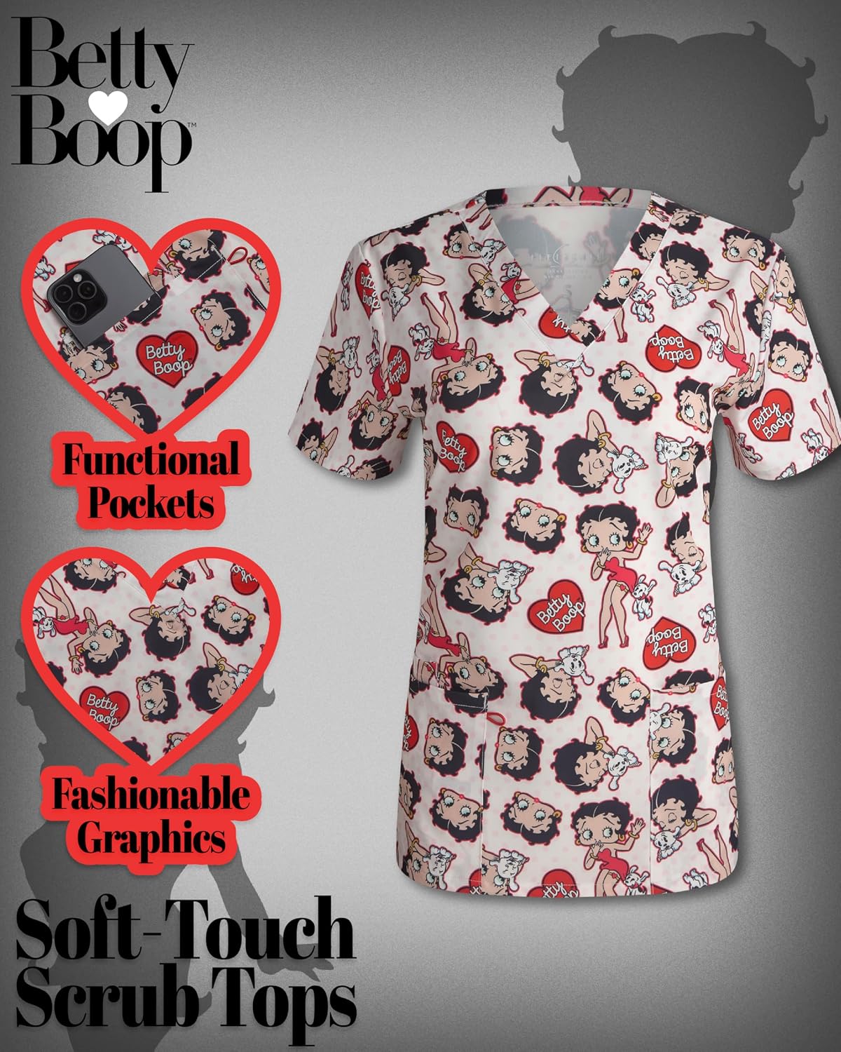 COCO BRANDS Betty Boop Women's All Over Print, V-Neck Scrub Top with Pockets - Comfortable Work Uniform