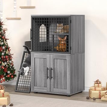 Double Layer Cat Litter Box Furniture, Hidden Litter Box Enclosure with Entertaining Platform, Modern Villa Cat Cabinet House with Ladder, Washroom Indoor, Dark Grey