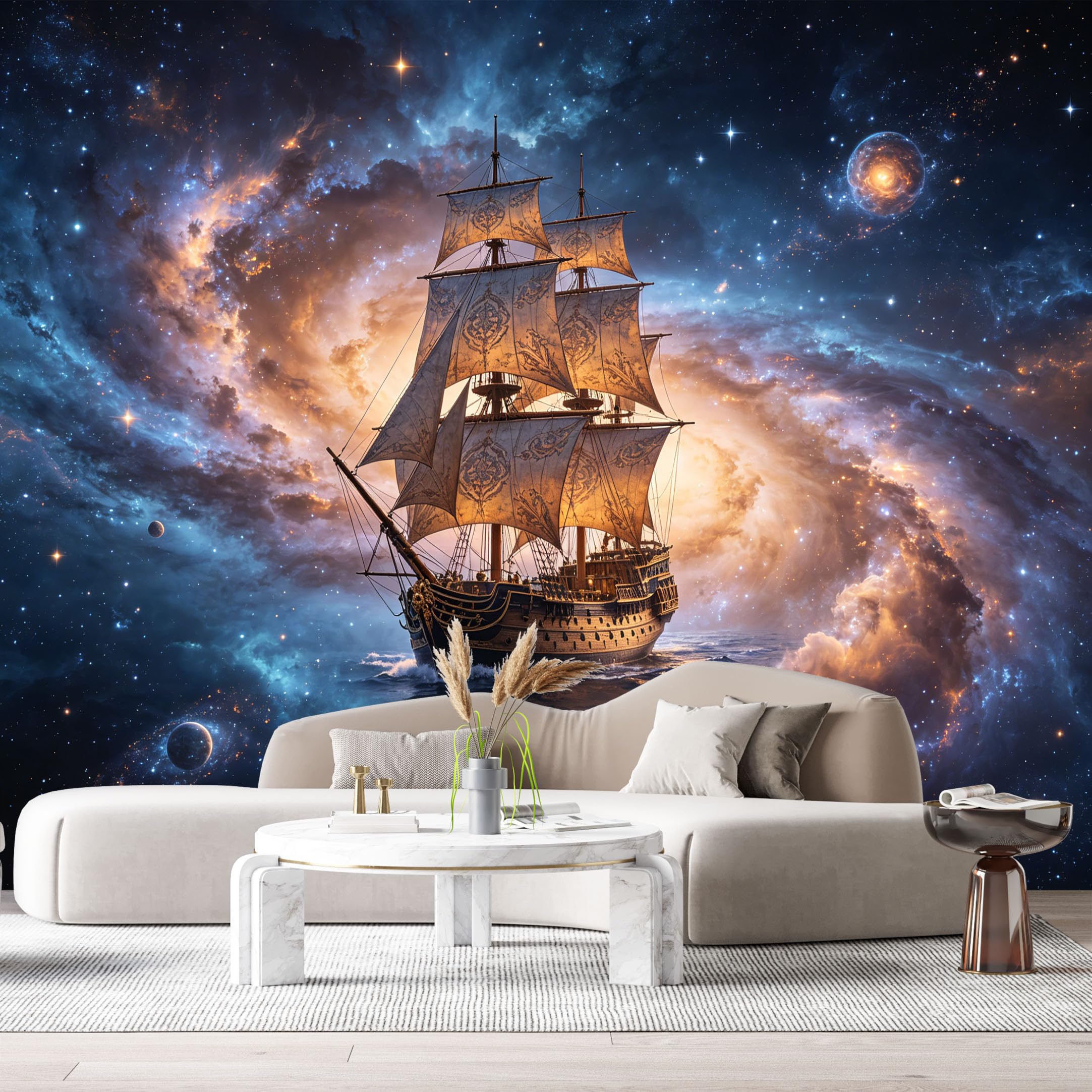 Custom Size Wall Murals Galaxy Sailing Ship Abstract 3D Space Nebula Ocean SelfAdhesiveWall Fabric Removable Wallpaper Wall Decor for Living Room Bedroom Bathroom