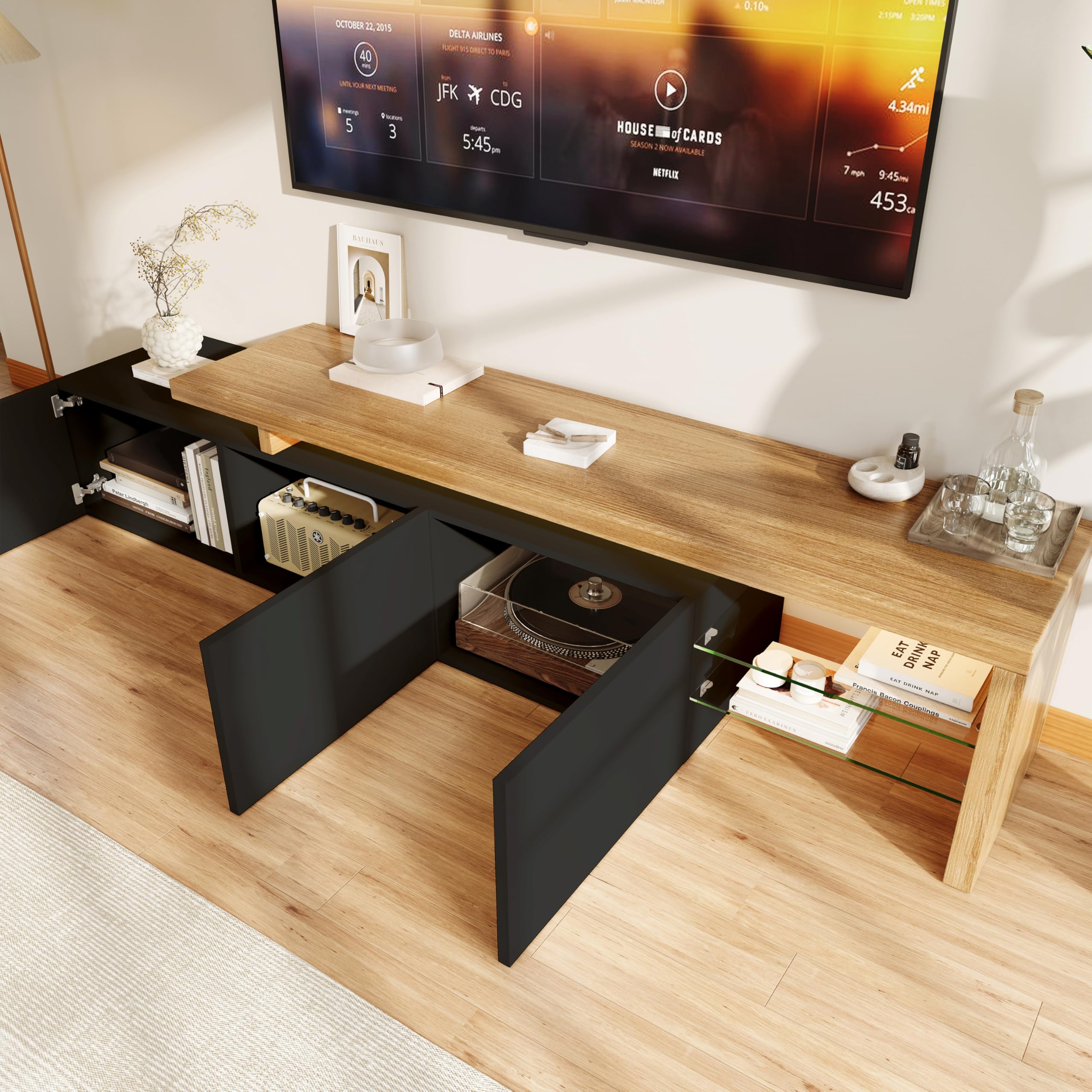 Meuble TV 200 cm Scandinave avec Rangement, Meuble TV LED avec 3 Portes et Rangement Ouverts, Table Télé de Salon, Design Moderne, Armoire Basse, Banc TV pour Salon Chambre (Noir+Ton Bois-A)