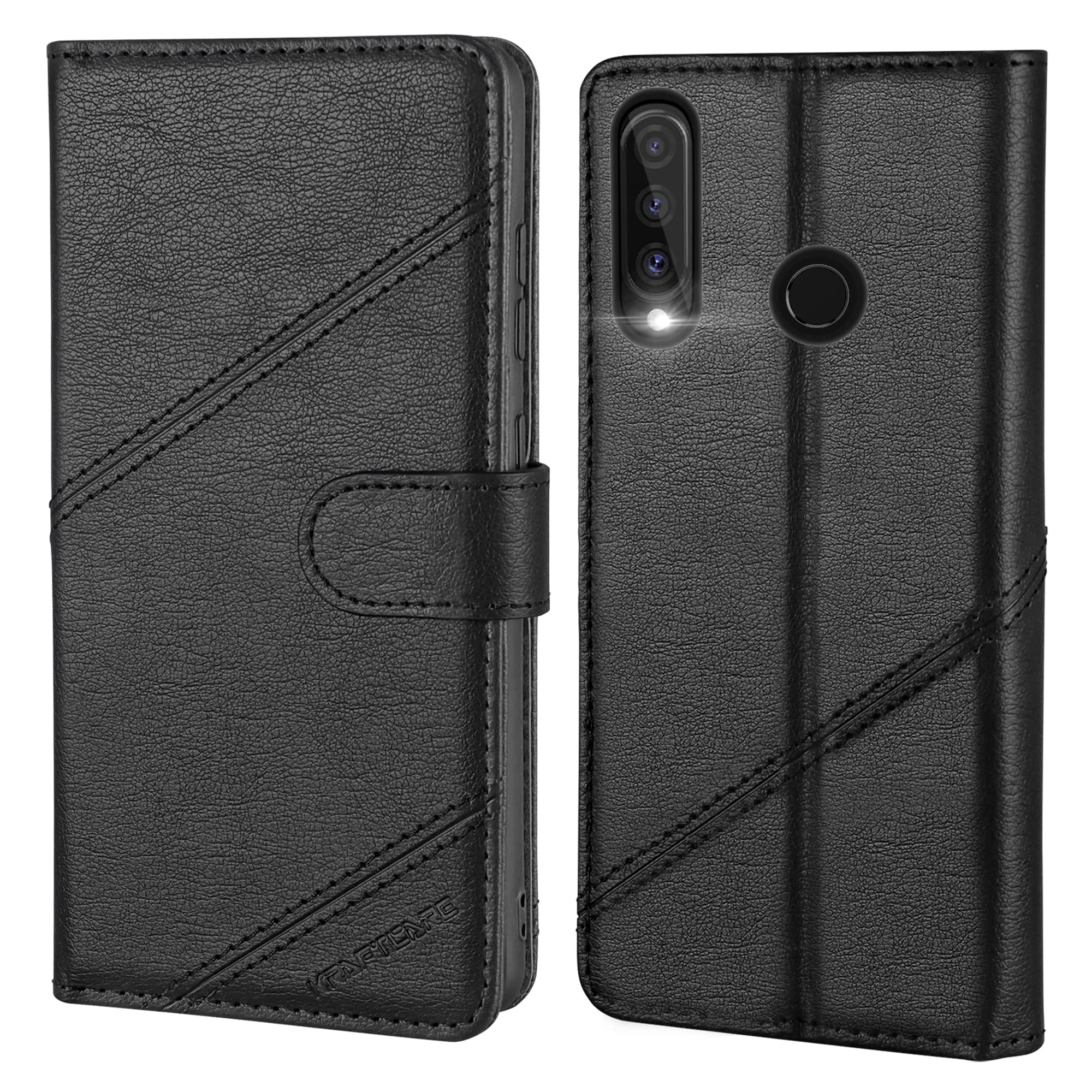 KRAFTCARE Handyhülle für Huawei P30 Lite Hülle | Klapphülle mit Premium PU Leder, 3 Kartenfächer + Geldscheinfach, Ständer, Stoßfeste, RFID Blockierung, Schwarz