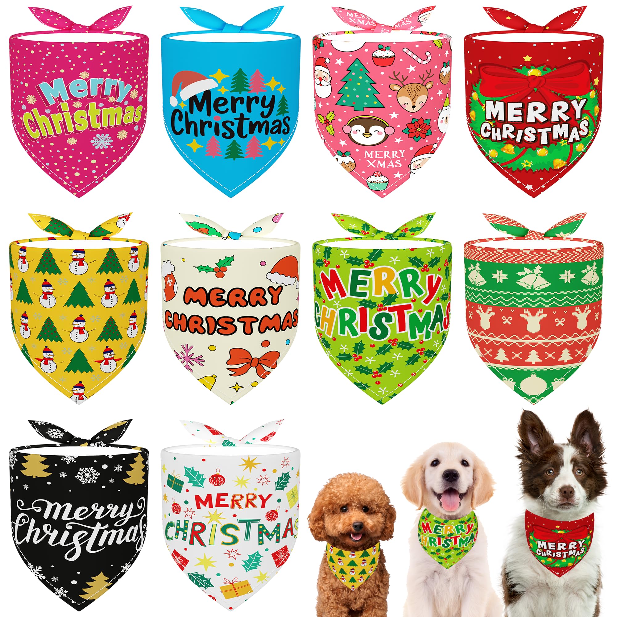 JpGdn 10pcs Large Christmas Dog Bandanas Kerchief Triangle Bibs Scarves Snowman Santa Claus Elk Christmas Tree Pattern for Girl Boy Large Extra Large XL XXL Dogs Grooming — image 1