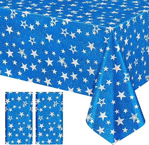 Miniatura 11 de Paquete de 2 manteles de plástico con purpurina de estrella azul dorada, 40 x 70 pulgadas, desechables con estampado brillante y de estrellas