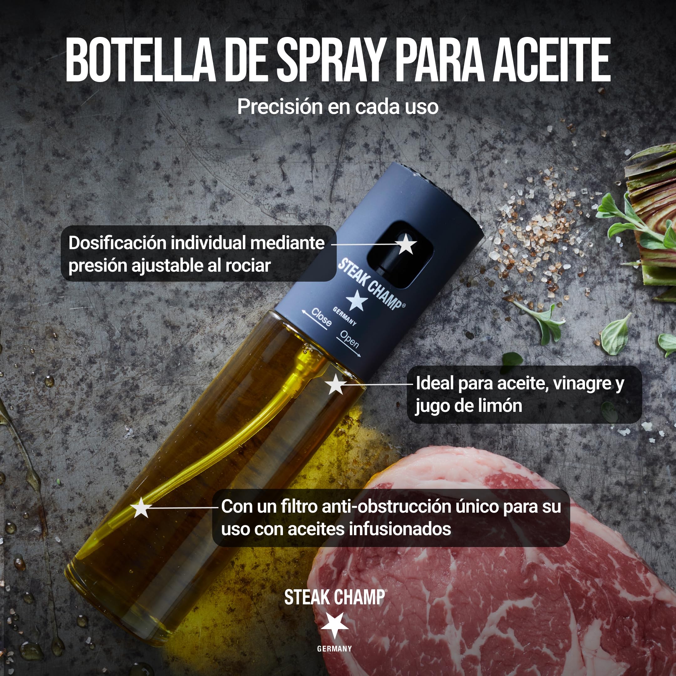 Steakchamp Botella pulverizadora de aceite, filtro antiobstrucción para aceites de temporada, dosificación precisa, vidrio claro, botella pulverizadora de aceite