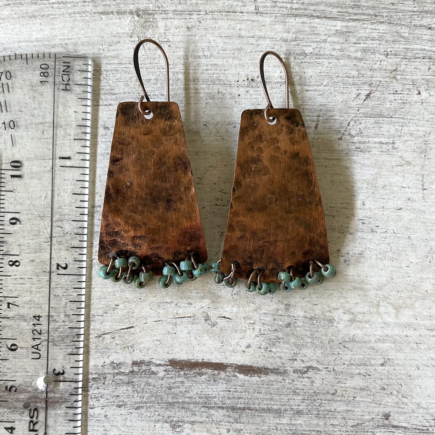 Handmade Hammered Copper and Turquoise Beaded Statement Earrings in Rustic Boho Style for Women