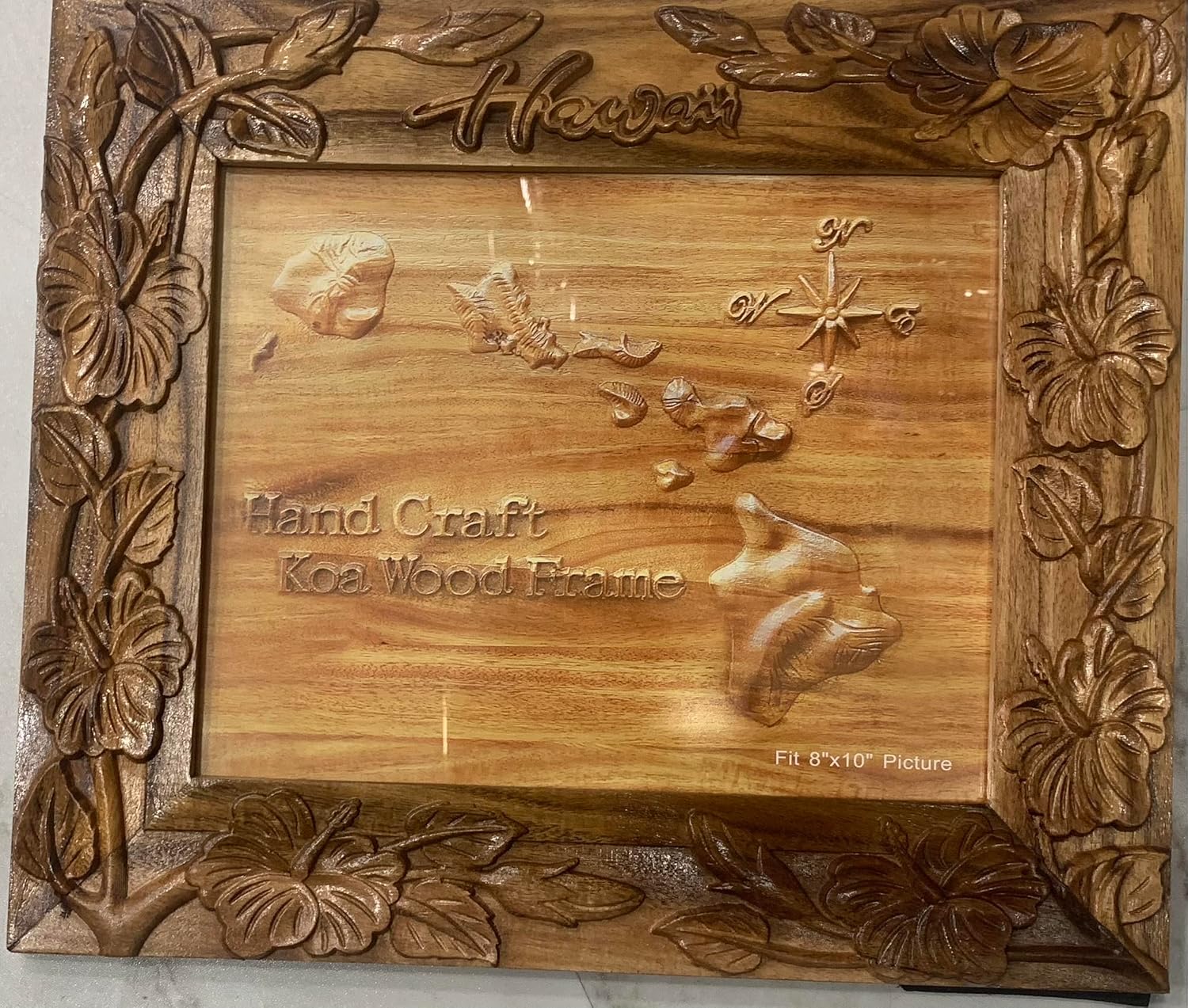 Koa Wood Handcrafted 8x10" Picture Frame, Hibiscus design Brown