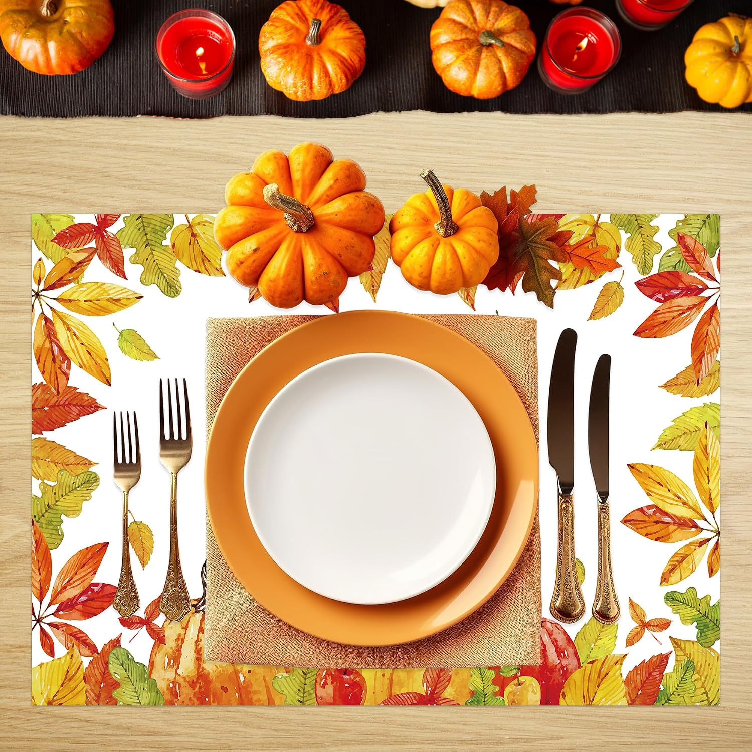 50 PCS Hello Fall Paper Place Mats, Disposable Autumn Fall Maple Leaves Placemats Table Mats for Dinner Table Decoration Autumn Harvest Thanksgiving Party Supplies, 13.8 x 9.8 inch