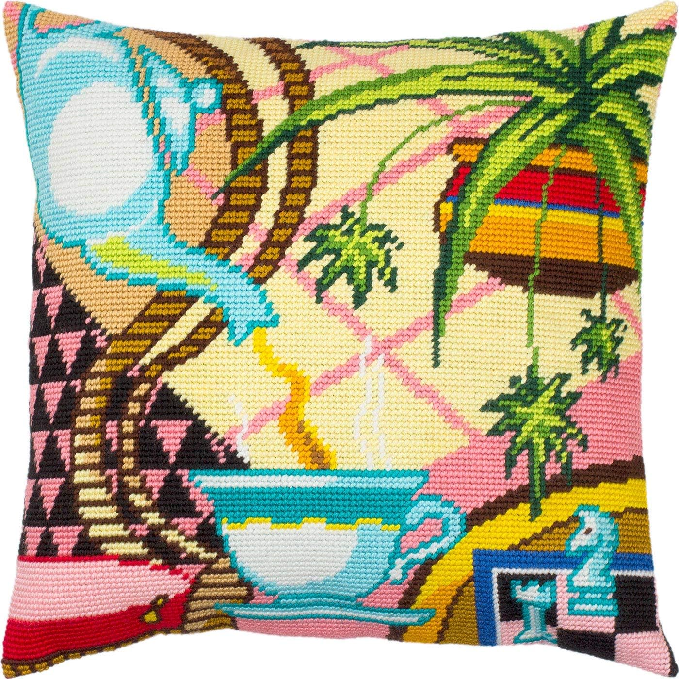 Brvsk Kitchen Stamped Cross-Stitch Kit for Adults and Beginners — Teatime 16″ × 16″ with Clear, Precise Printed Design on Cotton Canvas; Includes 2 Needles, Yarn, and Easy-Read Chart