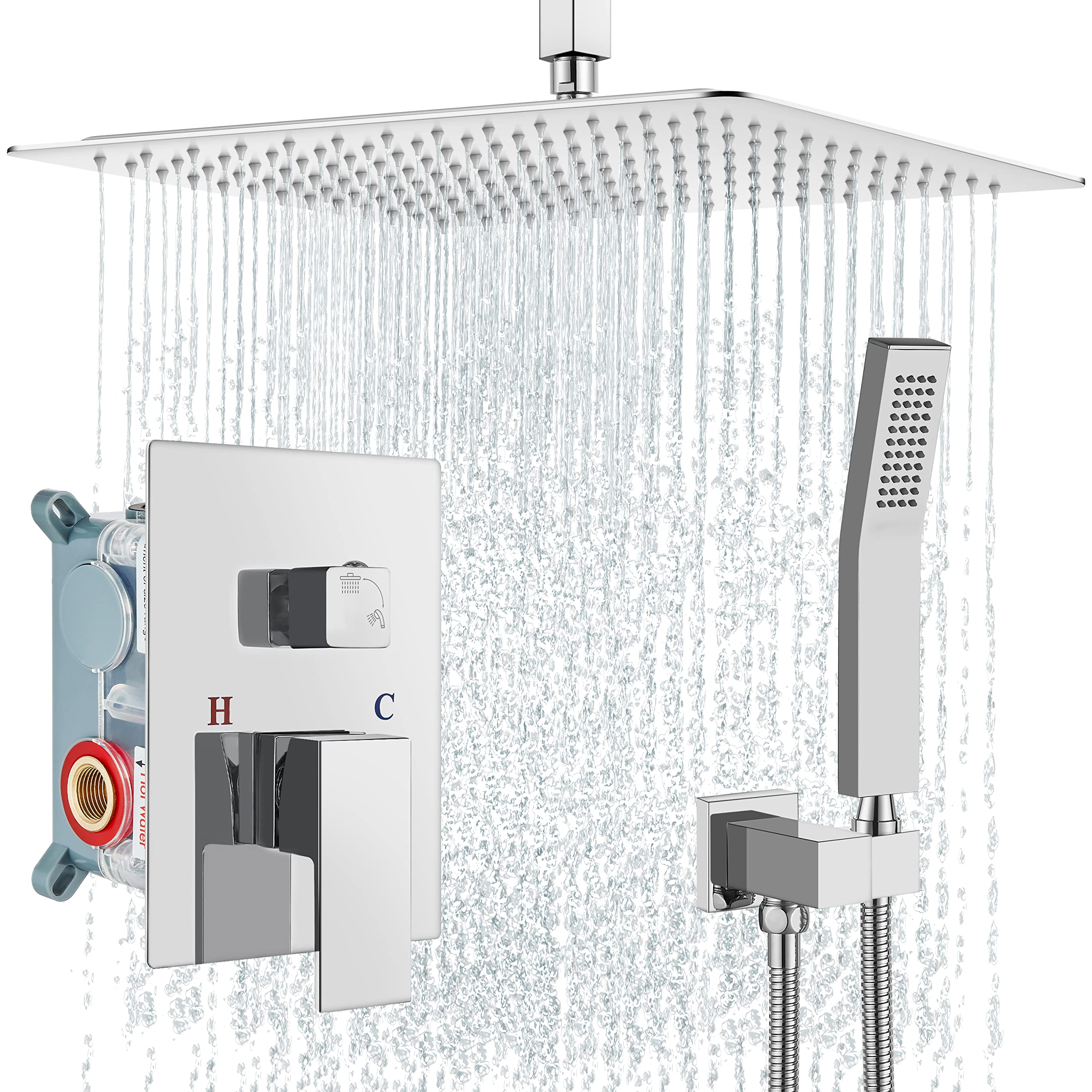 Aolemi Ceiling Mount Shower System Rain Shower Head with Handheld Spray High Pressure Shower Faucet Set Rough-in Valve Shower Trim Kit Included Bathroom Polish Chrome 16 Inch Ceiling Shower Head