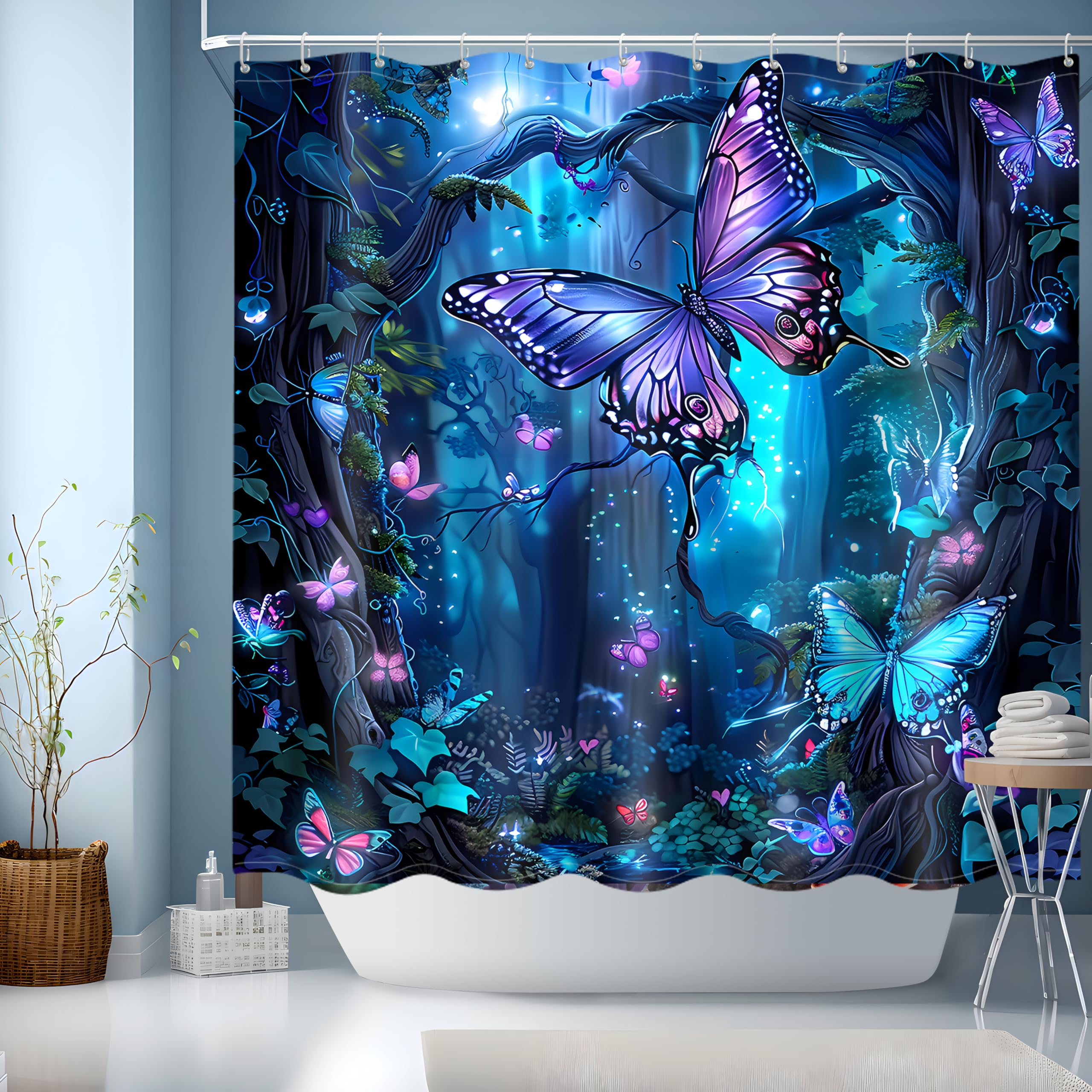 JINGYOU Niebieska zasłona prysznicowa, 180cm spadek, obciążona zasłona łazienkowa z motywem motyla 3D HD i 12 haczykami - 180 x 180cm spadek