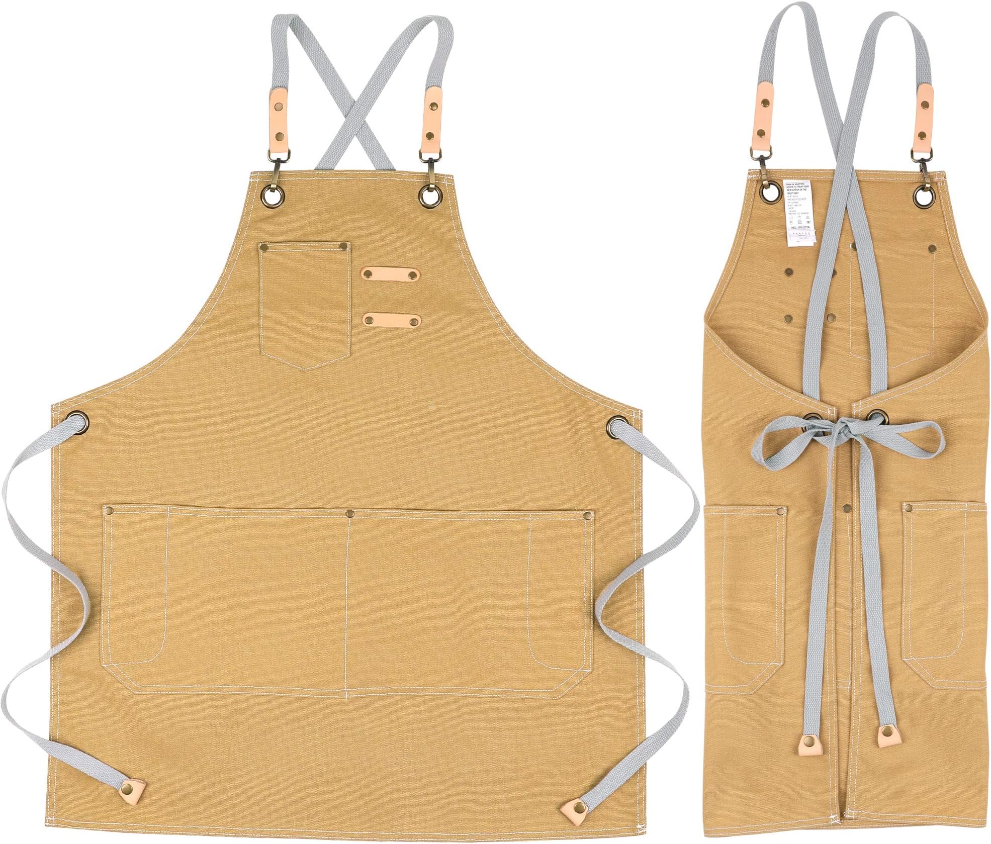 Canvas Apron with Pockets for Men Women, Chef, Waiters, Artists, Work Aprons for Grill Kitchen Restaurant Bar Shop (Yellow)