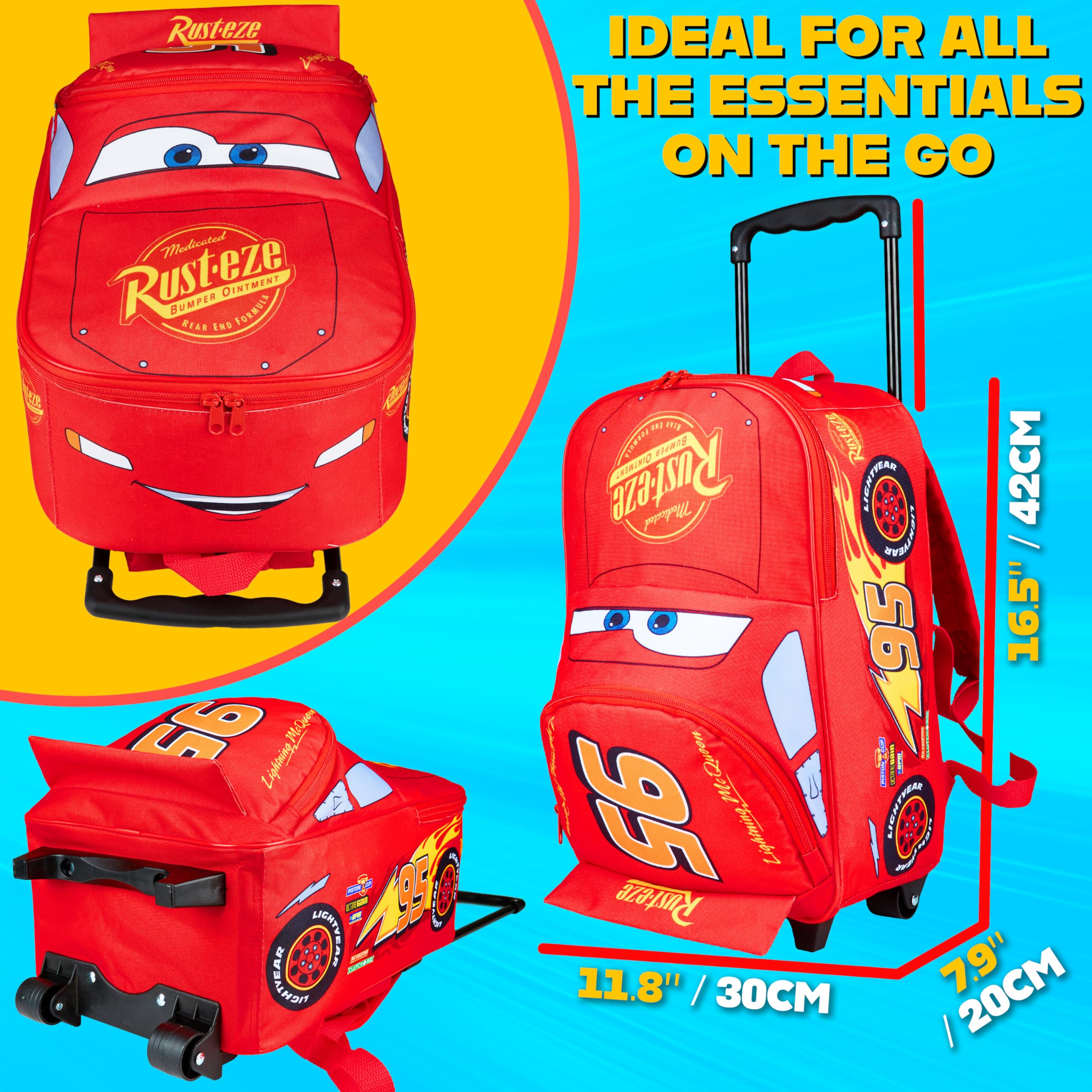 Disney Cars Flash Mcqueen Sac a Dos Roulette, 2 en 1 Sac à Dos et Trolley, Valise Cabine avec Fermeture Eclair, École, Sport ou Voyage, Cadeau Enfant (Rouge Lightning Mcqueen)
