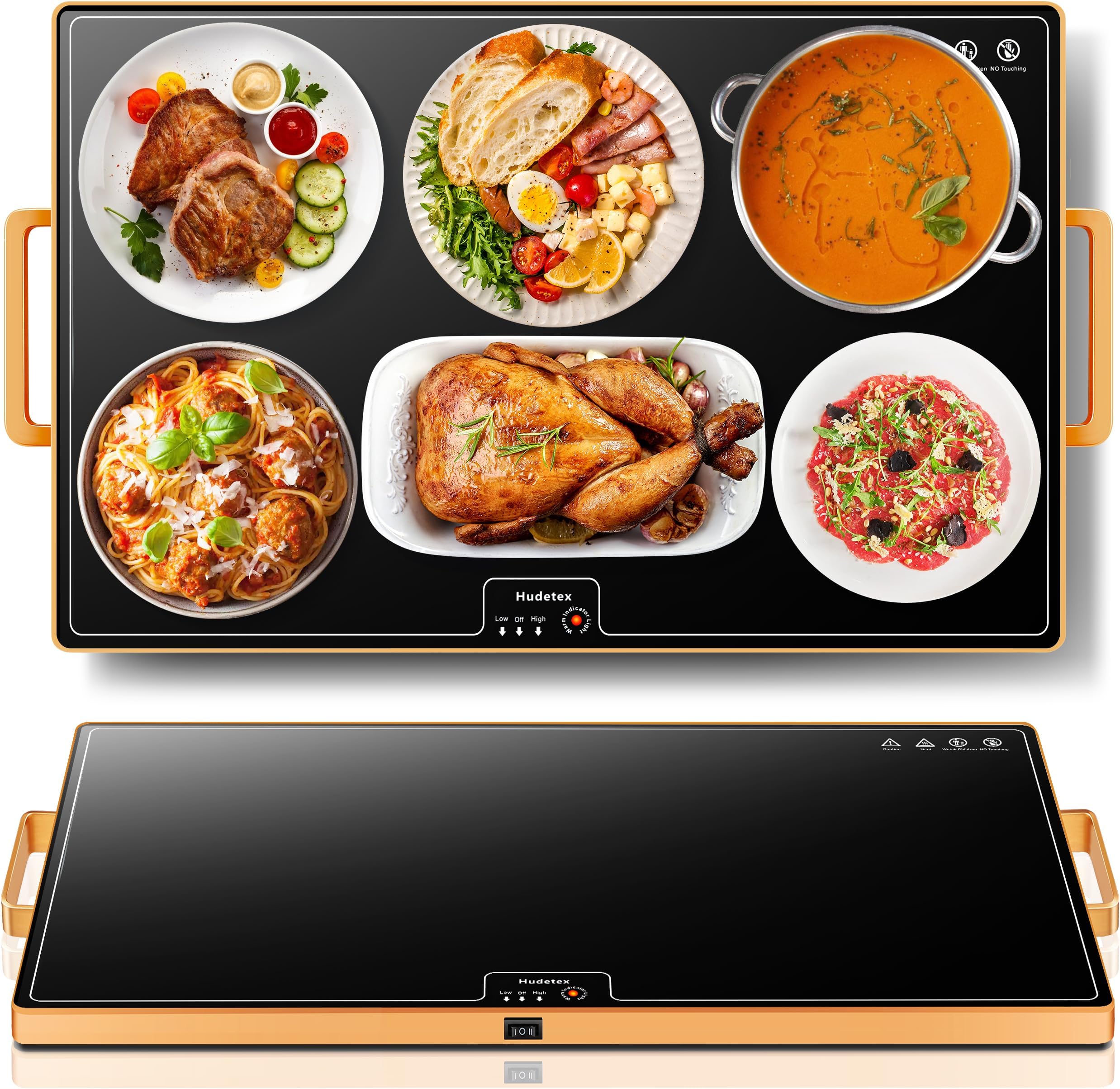 Food Warming Mat (XL 24"x16"), Food Warmers for Parties Buffet and Daily Use, Full Surface Warm Evenly Electric Warming Tray with Button Temperature Control, Gold Handles Warming Mat for Food, Black