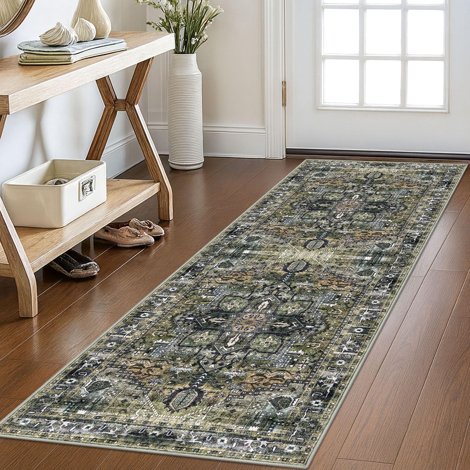 KOZYFLY Runners for Hallways 2x6 Ft Washable Kitchen Runner Rug Boho Runner Rug for Entryway Indoor Printed Oriental Faux Wool Floor Carpet Runner for Bedroom Kitchen Hall, Charcoal/Green/Olive — image 1