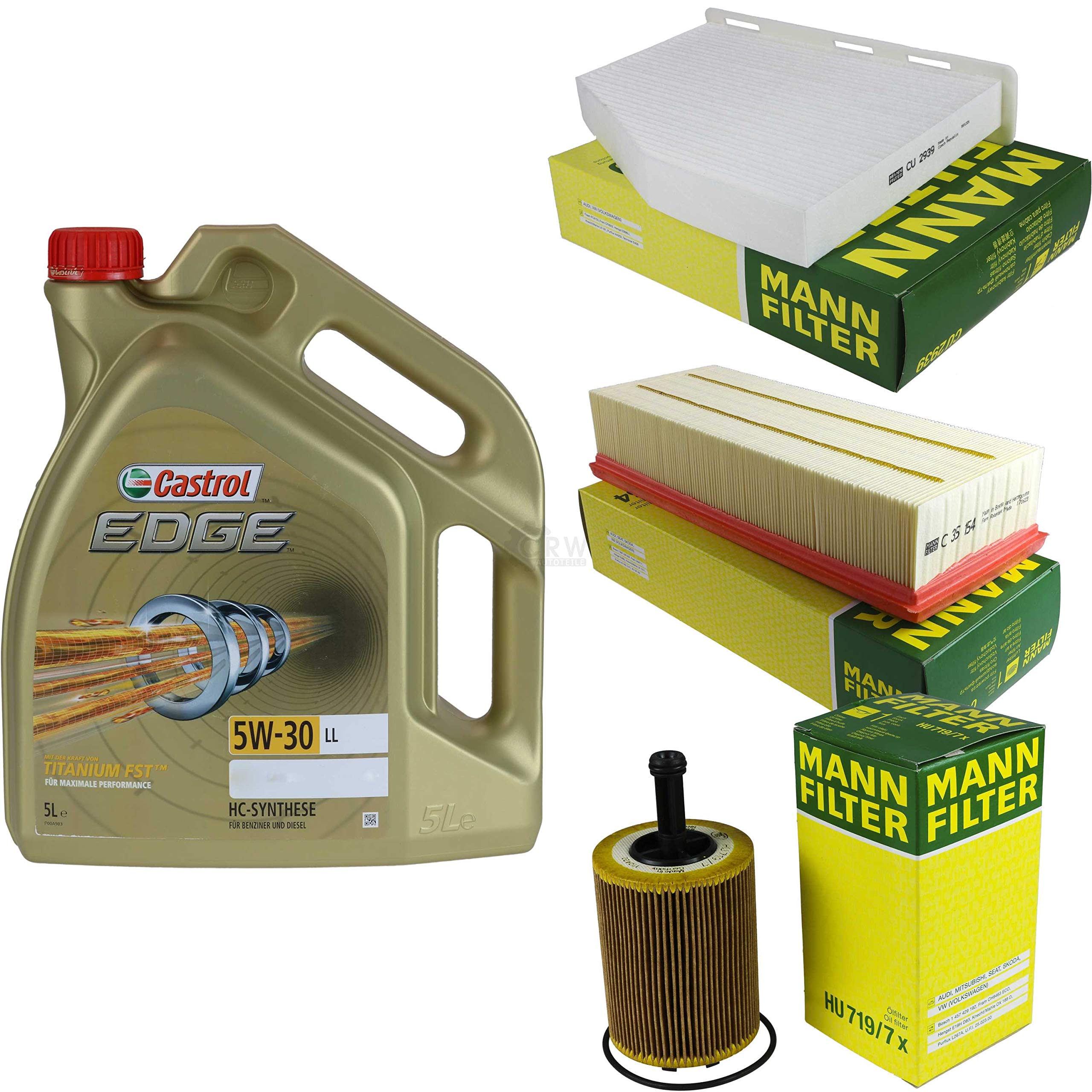 Juego de filtros de 5 litros de aceite de motor EDGE Titanium FST 5W-30 LL MANN-FILTER Filtro de habitáculo, filtro de aire, filtro de aceite