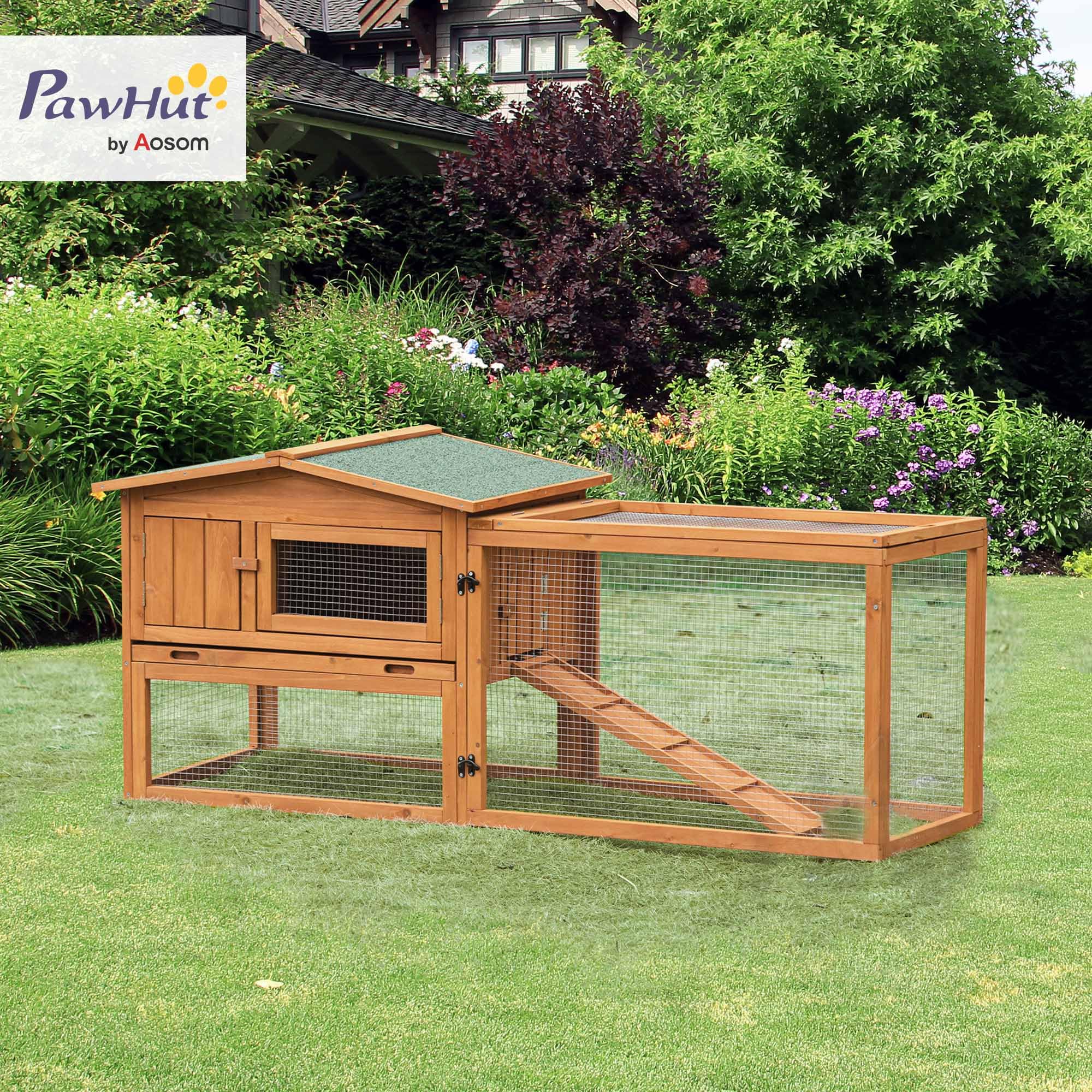 PawHut Hasenstall 2 Ebenen Wetterfest Kaninchenstall aus Holz mit Freilaufgehege Herausnehmbarem Tablett mit aufklappbarem Deckel Sichtfenster 156x58x68 cm Kaninchenkäfig für Indoor Outdoor Orange