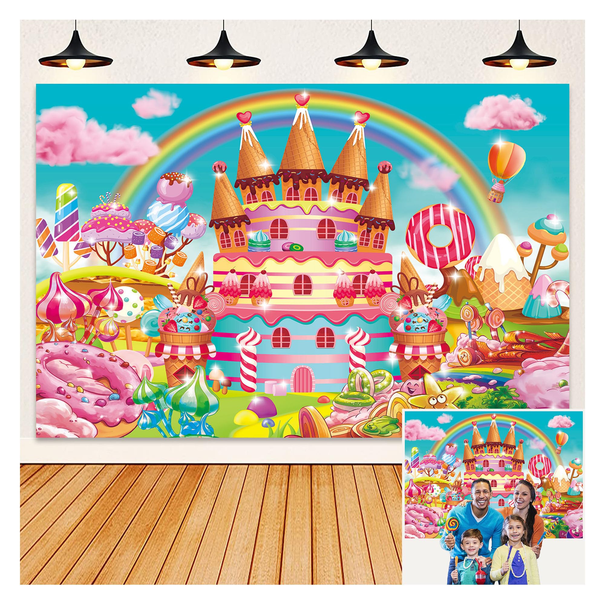 HEARKEN 7x5ft Candy Rainbow Castle Backdrop Candyland Donuts Lollipop Trees Ice Cream Cake Pink Clouds Sweet Girl Birthday Background Baby Shower Party Backdrop for Kids