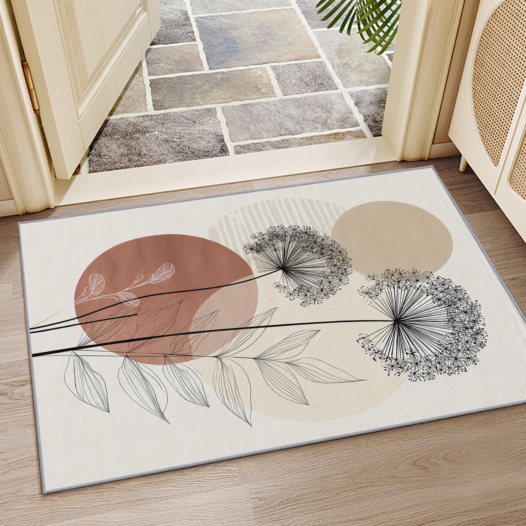 Mistela Boho Löwenzahn Teppich 200x200 cm – Minimalistischer Neutral Botanische Waschbarer Rutschfester Kurzflor Teppich für Wohnzimmer Schlafzimmer Esszimmer Büro Eingang in Terrakotta Braun