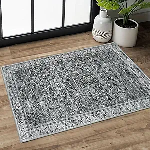 2x3 Washable Small Area Rug for Entryway, Moss Charcoal Soft Non-Slip Indoor Door Mat Distressed Floral Low-Pile Kitchen Rugs, Neutral Vintage Carpet for Entrance Bedside Farmhouse