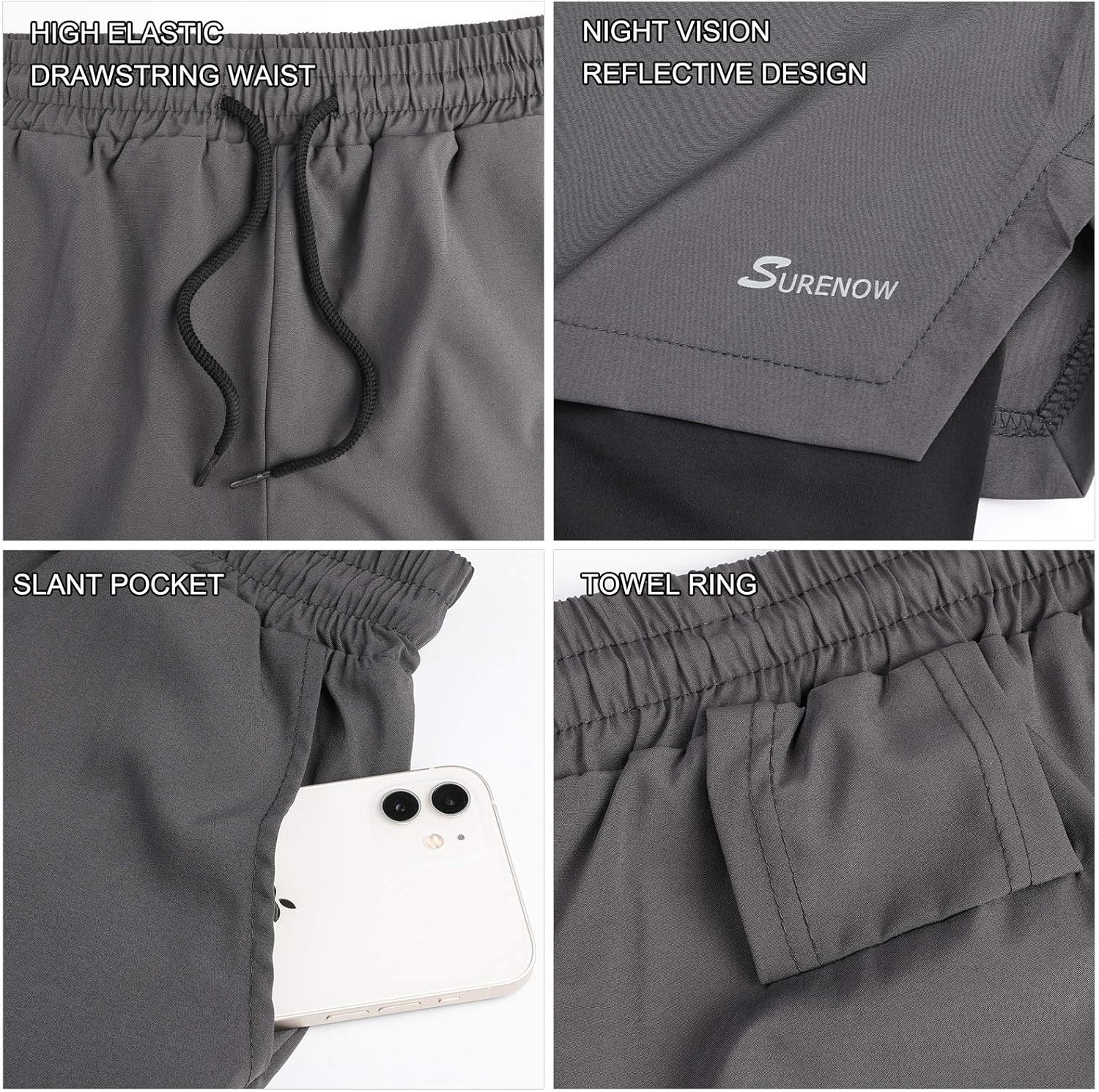 Surenow Mens 2 in 1 Running Shorts Quick Dry Athletic Shorts with Liner, Workout Shorts with Zip Pockets and Towel Loop : Sports & Outdoors