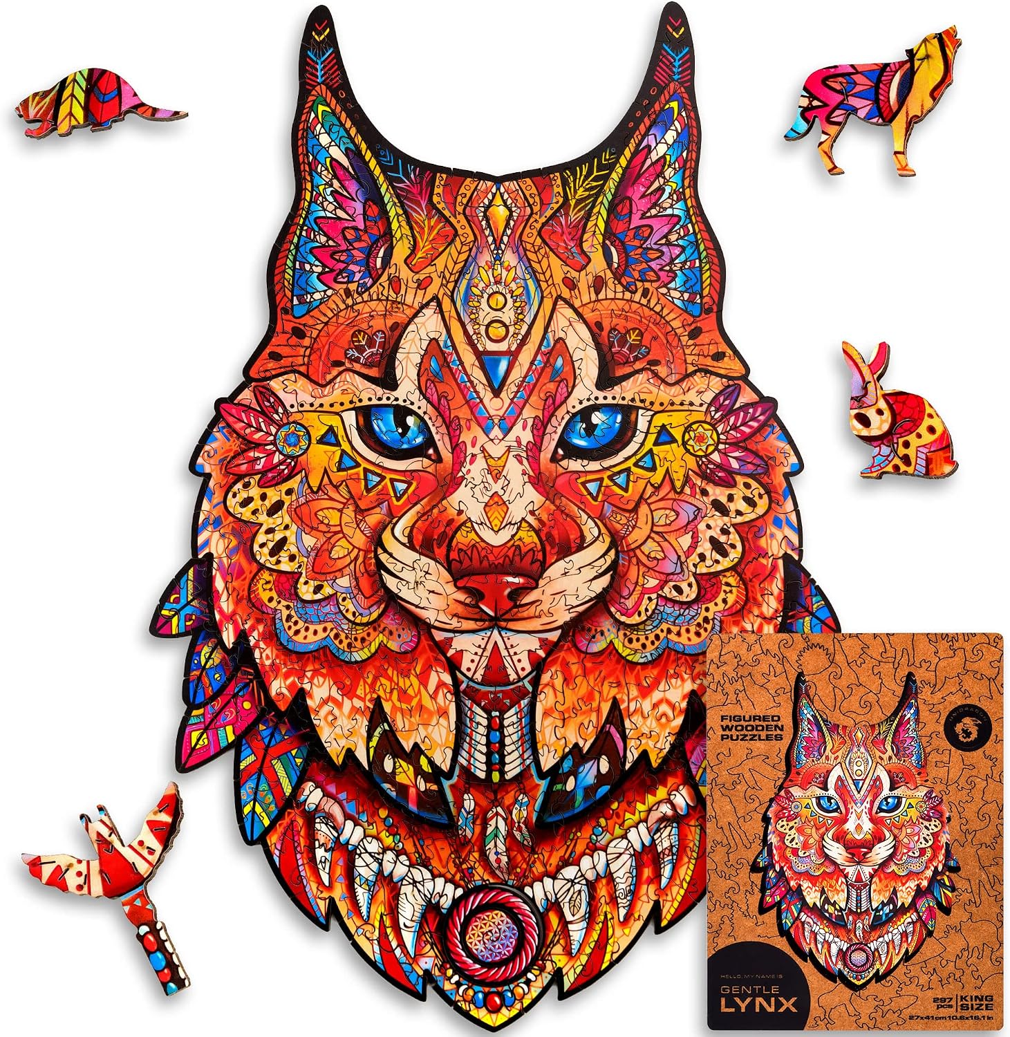 UNIDRAGON Original Wooden Jigsaw Puzzles - Gentle Lynx, 297 pcs, King Size 10.6"x16.1", Beautiful Gift Package, Unique Shape Best Gift for Adults and Kids