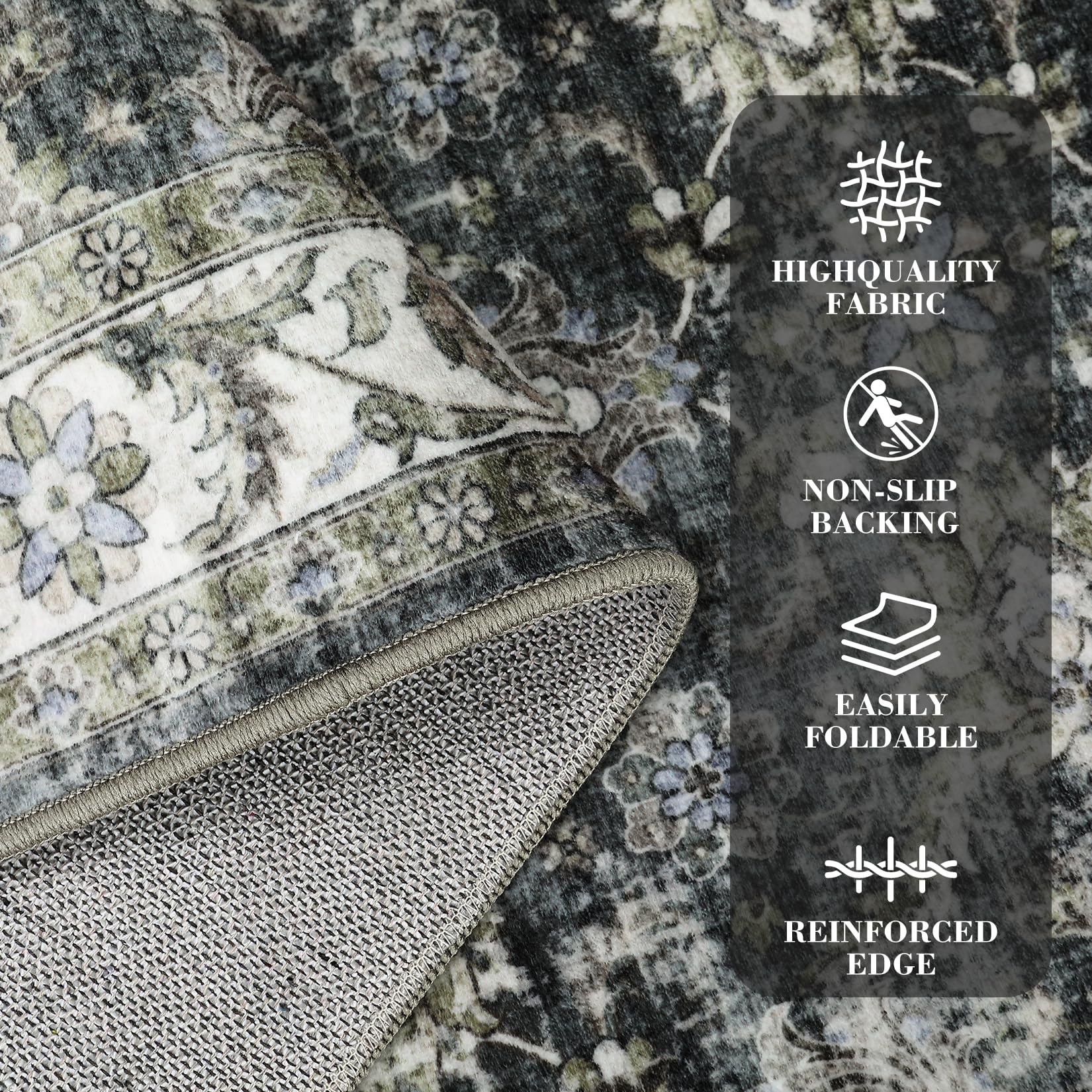 Tapis Salon Vintage Persan Lavable, Polyester Doux Ras (350 g/M²), Antidérapant TPR, Pliable, Chambre/Couloir/Cuisine