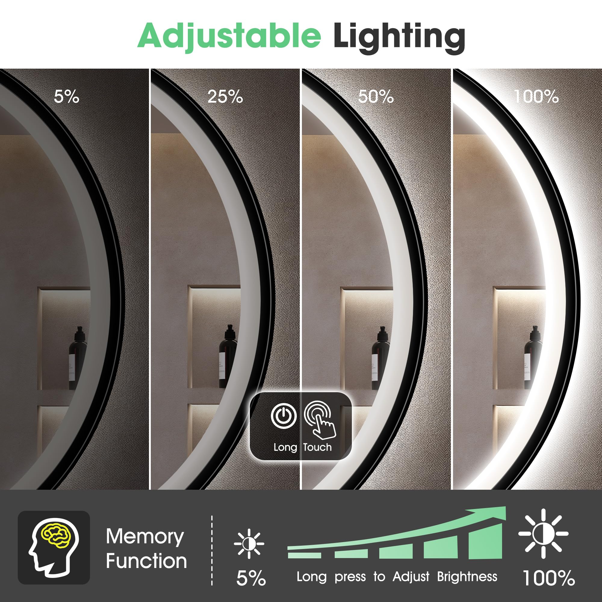 S'bagno Redondo-Espejo-Baño-con-Luz 80CM, Espejo-Baño-LED-con-Bluetooth, Antivaho, 3 Colores de Luces, Regulable, Memoria Luz, IP44, Vidrio Templado, Marco Hierro Negro