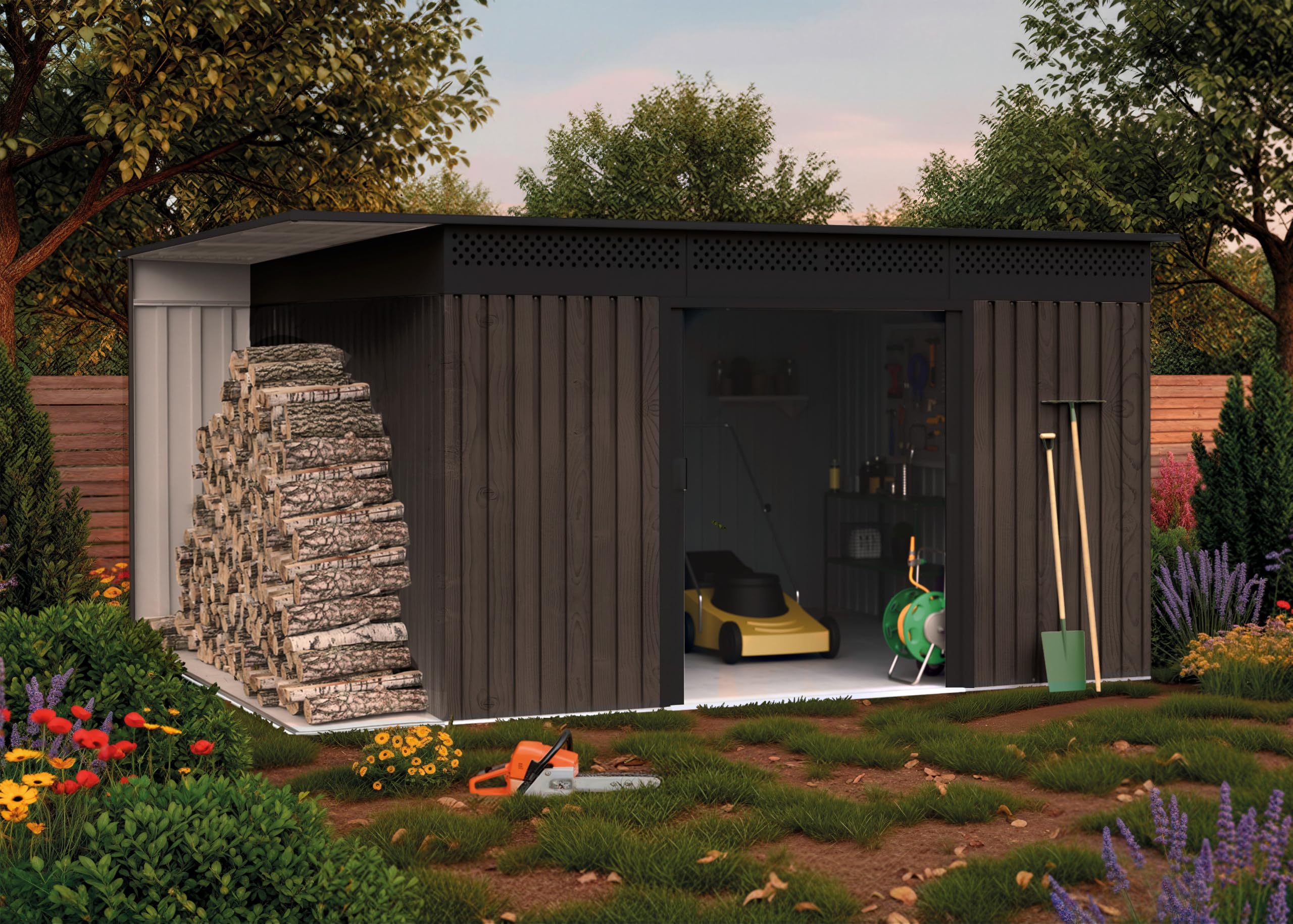 Wasabi Abri de jardin extérieur 13,22 m² Robin t1 – Effet bois Premium – Porte-bûches latéral – Double porte coulissante – Grilles de ventilation – Toit plat – Abri métallique de rangement – 397 x 333