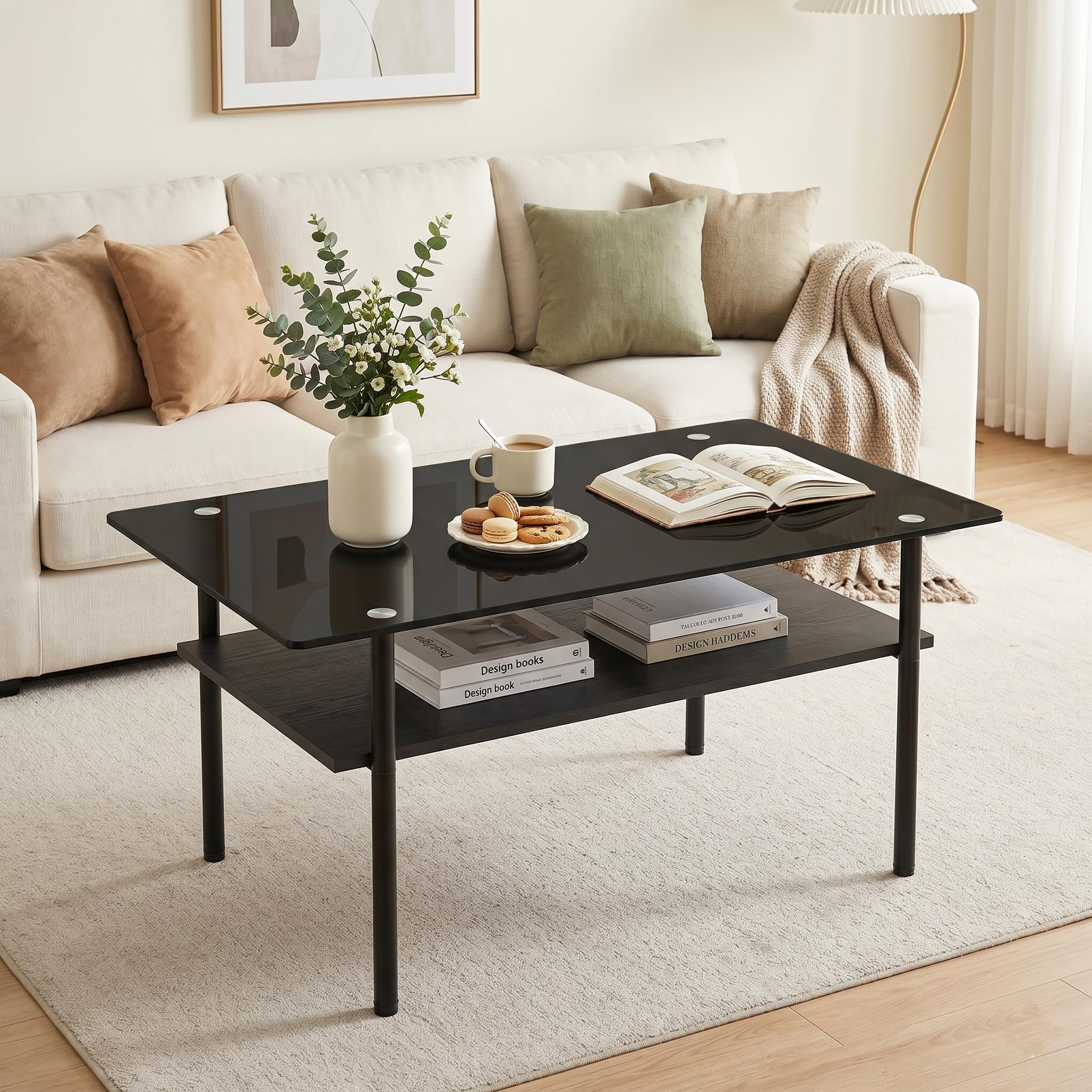 38.6 inch Glass Coffee Table for Living Room, 2-Tier Modern Black Center Table with Tempered Glass Top, Wood Shelf &amp; Metal Legs,Small Accent Tea Table for Small Space, Apartment,Easy to Assemble