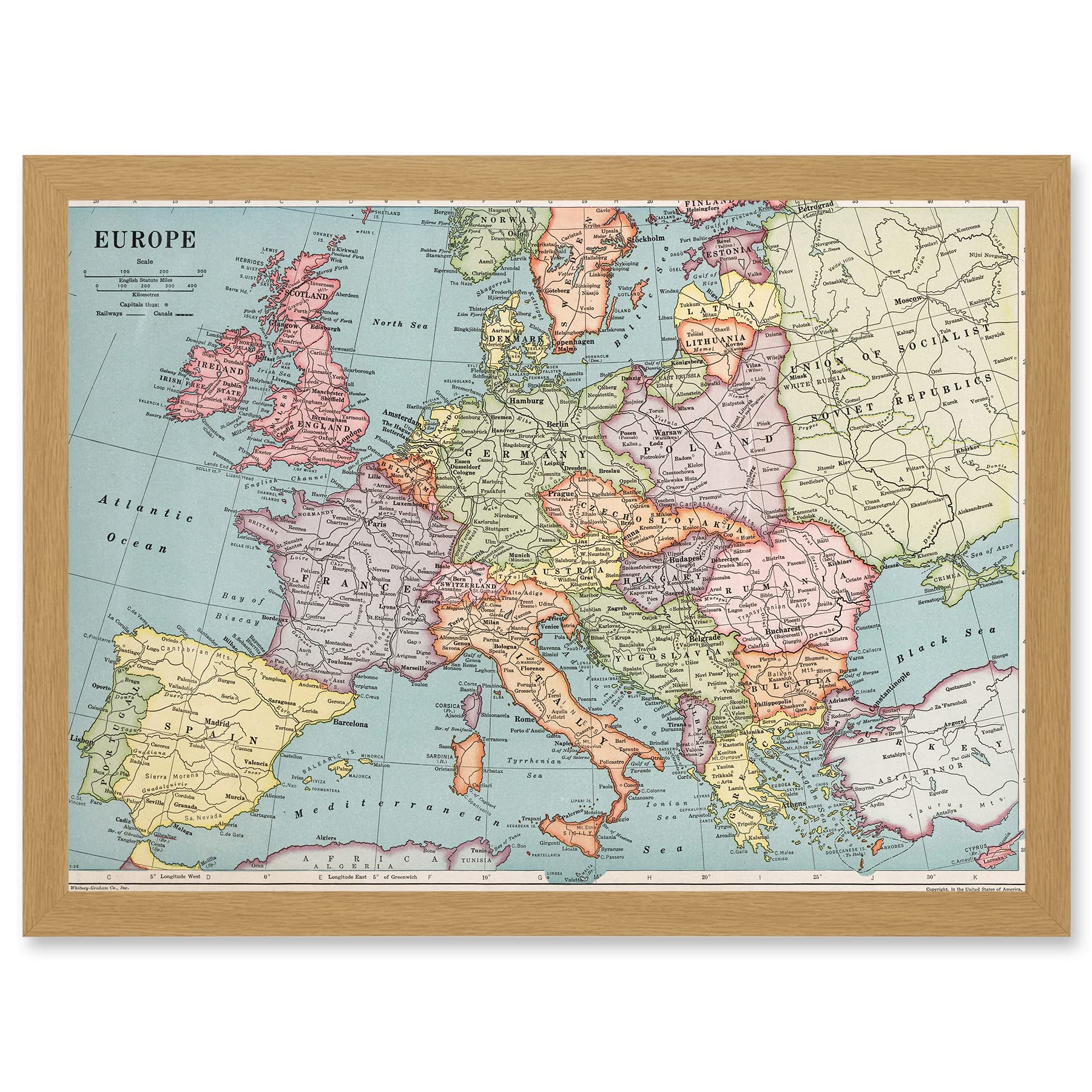 Artery8 Whitney-Graham 1930 Europe Political Map Artwork Framed Wall Art Print A4