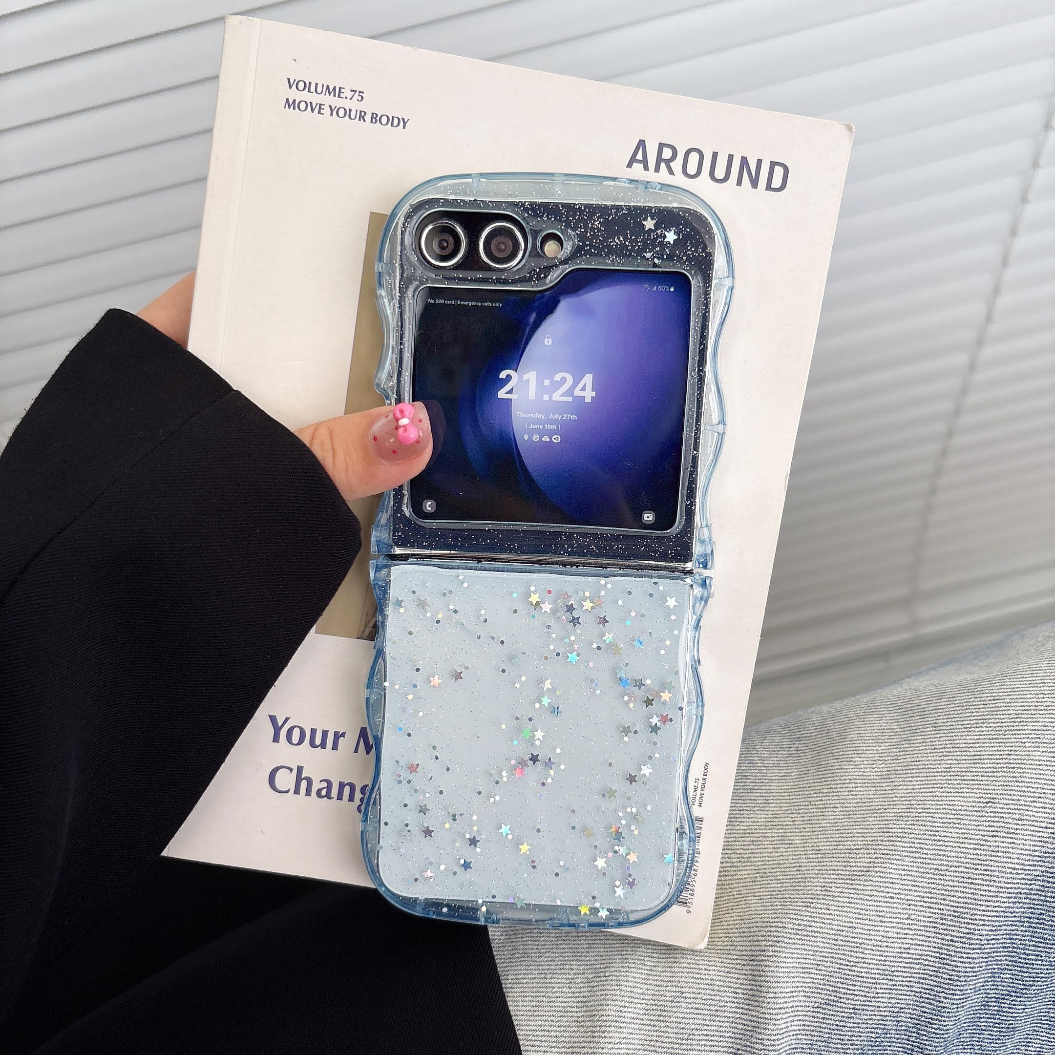 Compatible Galaxy Z Flip 7 Case Clear TPU Cover Wave Stylish Korean Cute Wave Glitter Transparent Thin Lightweight Shockproof Anti-Slip (SC-55F) Smartphone Case Supports Wireless Charging with