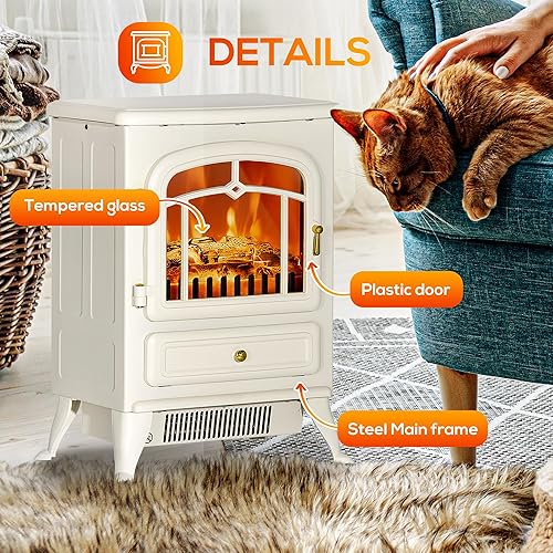 Miniatura 6 de HOMCOM Calentador eléctrico de chimenea de 22 pulgadas, estufa independiente con llamas LED realistas y troncos, y protección contra