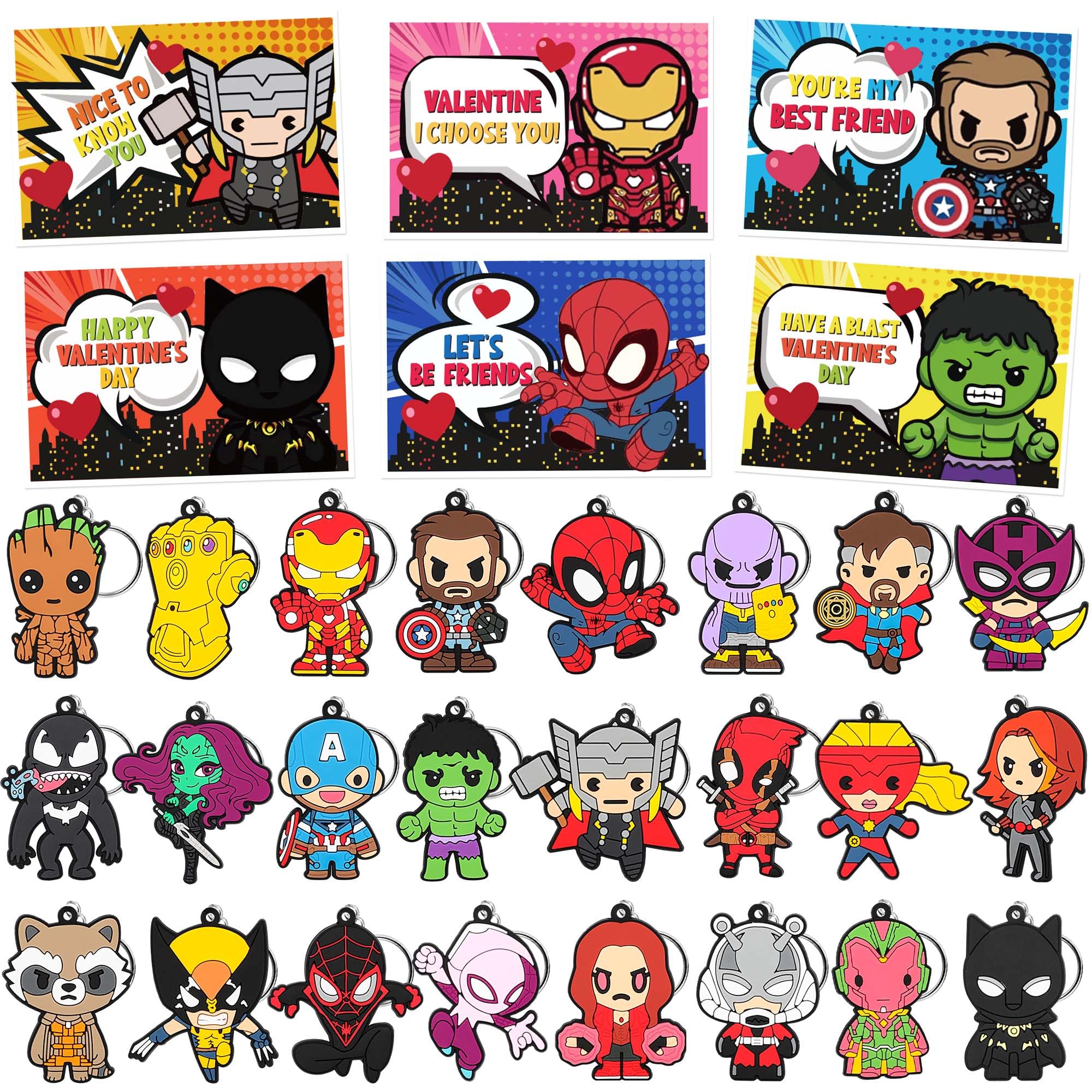 BofoottsBofootts 24Pack Valentines Cards for Kids Classroom with Hero Keychain Toys, Valentines Day Gifts for Kids Valentines Day Party Favors School Classroom Exchange Gifts Pack for Kids