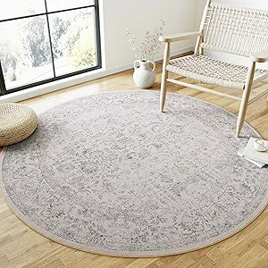 Grey Round Area Rug 3ft Entryway Door Mat Small Circle 3x3 Kitchen Vintage Carpet Non Slip Indoor Bedroom Washable Distressed Floral Retro Accent Throw Rug Office Bathroom