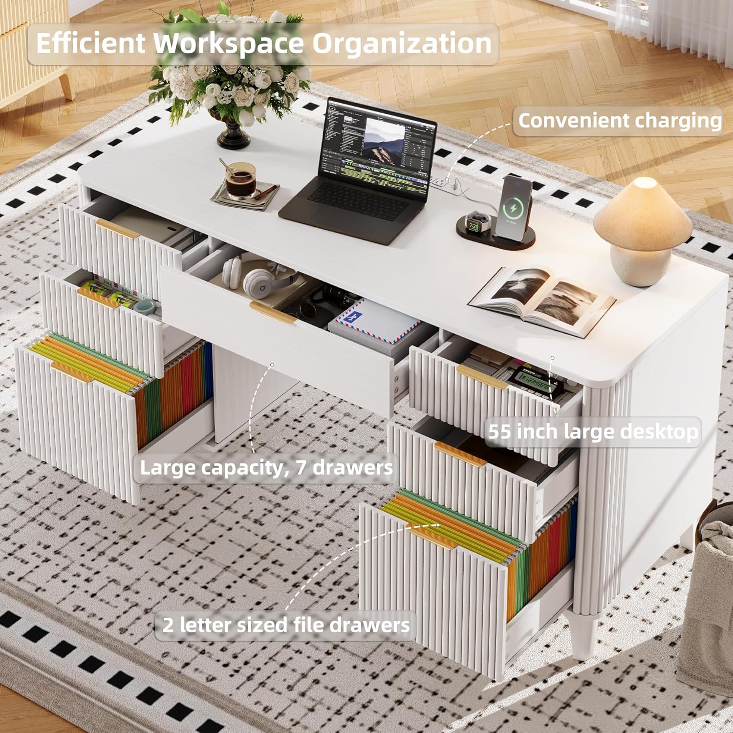 55.1" Fluted Executive Desk with Drawers, White Desk with Storage Cabinet, Home Office Desk with Charging Station, Farmhouse Desk with File Cabinet for Office Home