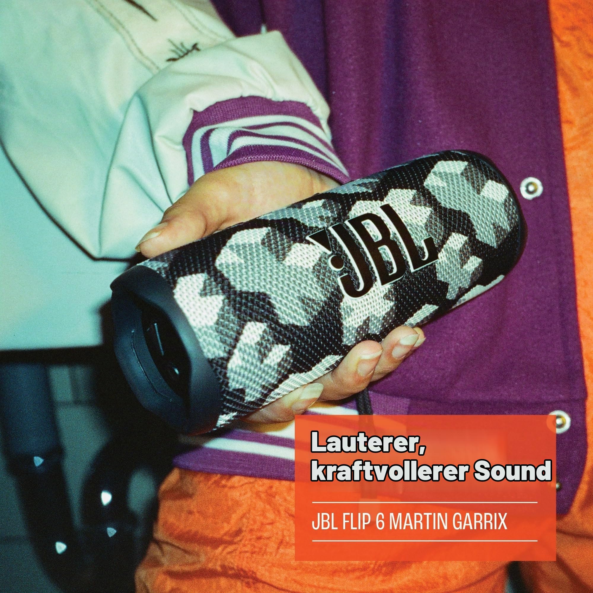 JBL x Martin Garrix Flip 6 Bluetooth Box - Cool Grey – Wasserdichter, tragbarer Lautsprecher mit 2-Wege-Lautsprechersystem für kraftvollen Sound – Bis zu 12 Stunden kabellos Musik abspielen