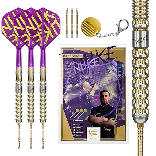Target Darts Luke Littler Gen 1 Prodigy Steel Tip Swiss Point Darts, 90% Tungsten Dart, 22G/23G/24G | Generation 1 Gold Steel Tip Dart, Player Edition Swiss Points Dart Sets, K-Flex Flights and Shafts - 24G