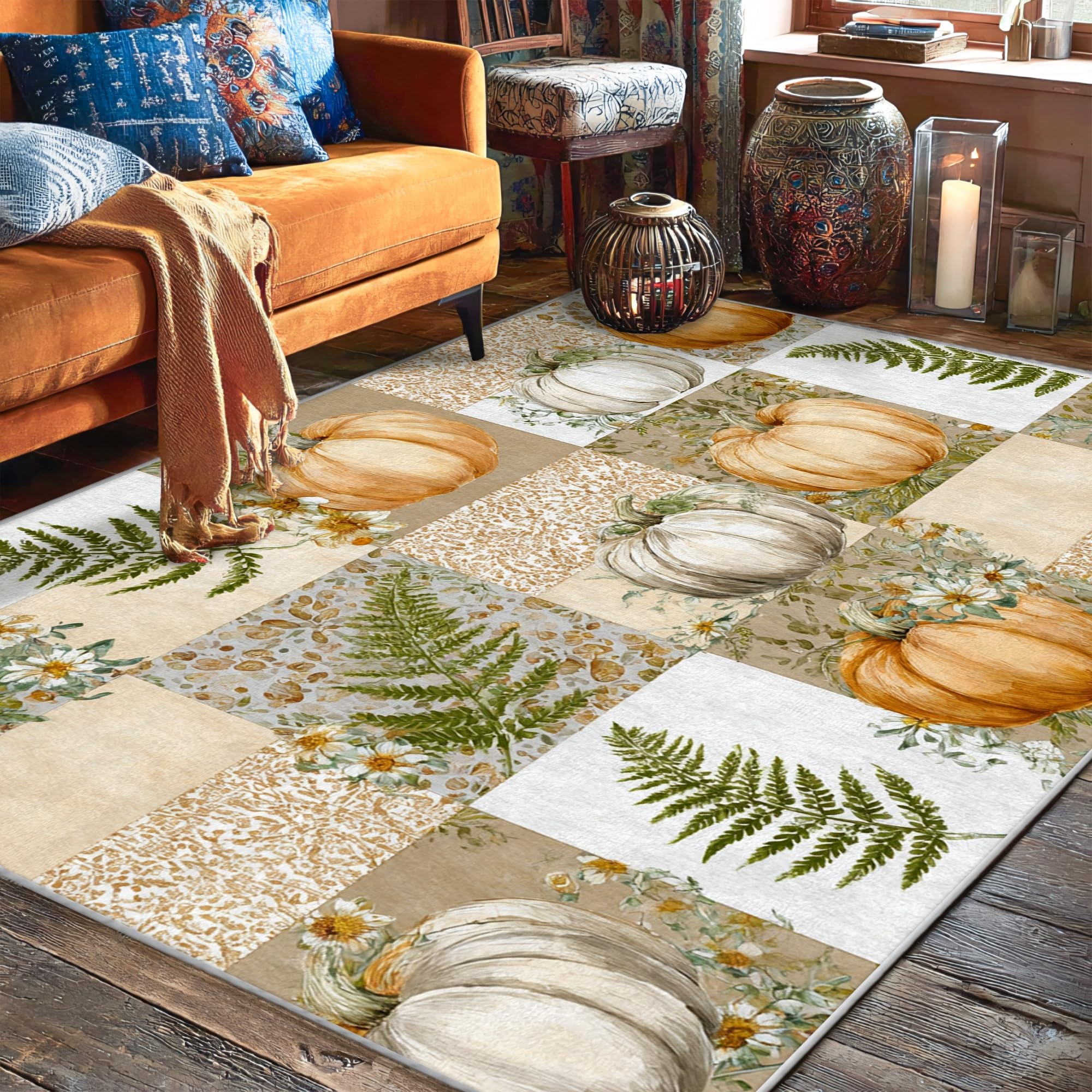 Tapis citrouille et fougère rustique pour créer un salon cocooning en automne