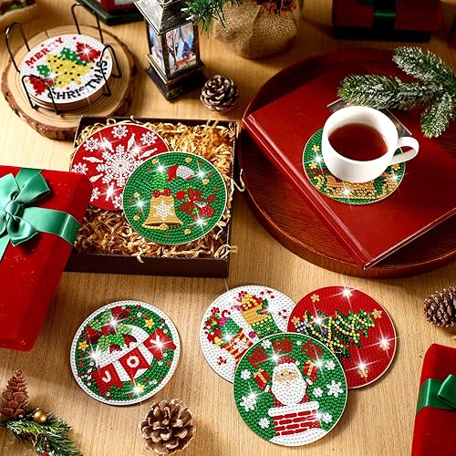 Miniatura 4 de 12 posavasos de invierno con diseño de diamantes de nieve, con soporte, kit de pintura de diamante de Navidad, posavasos de diamante azul,