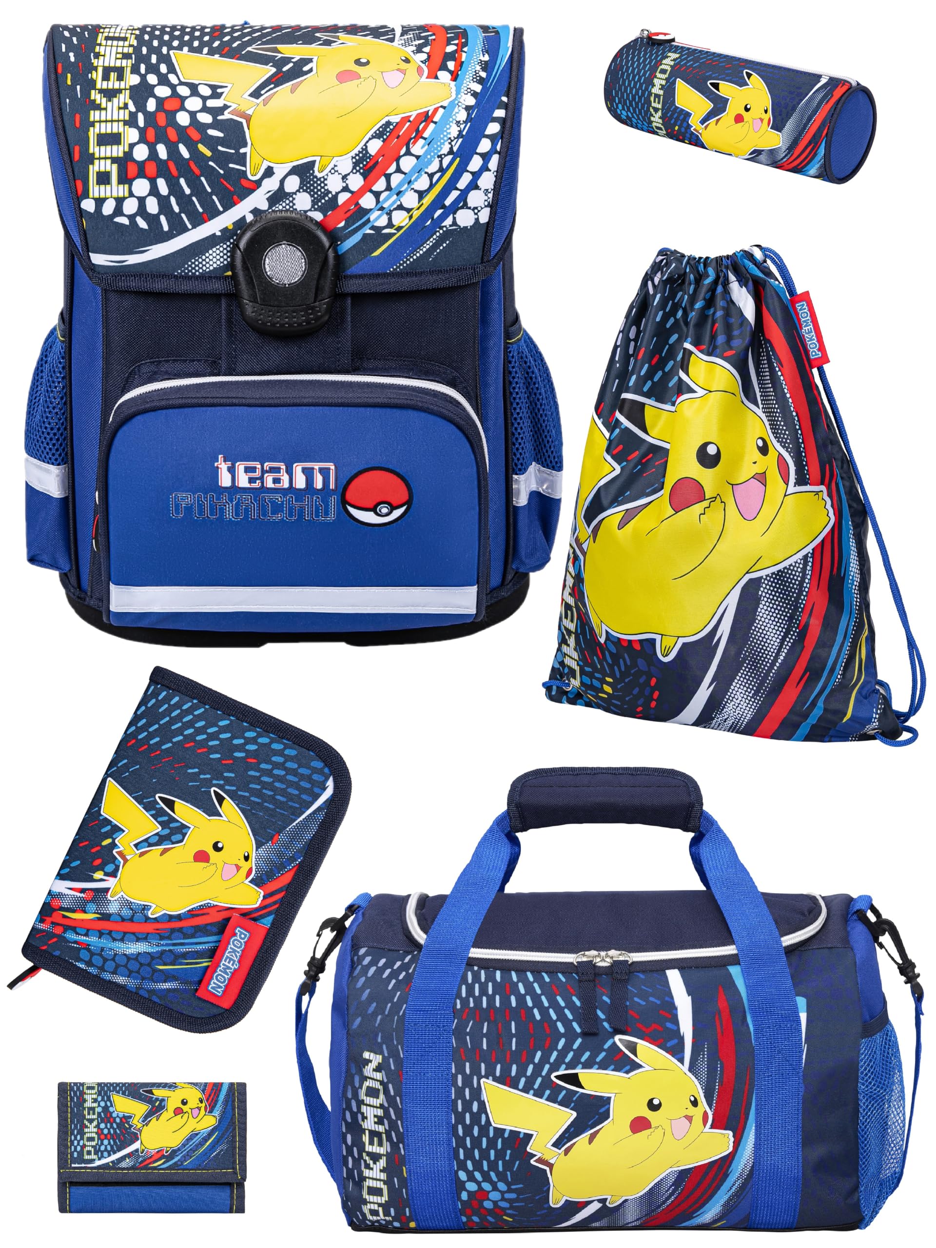 Familando - Schulranzen Set 6-teilig mit Sporttasche - Pokémon mit Pikachu Motiv - Ergonomisch, stabil & mit gepolstertem Rücken - 990g leicht, 16L Volumen - Mit Reflektoren - ab 1. Klasse