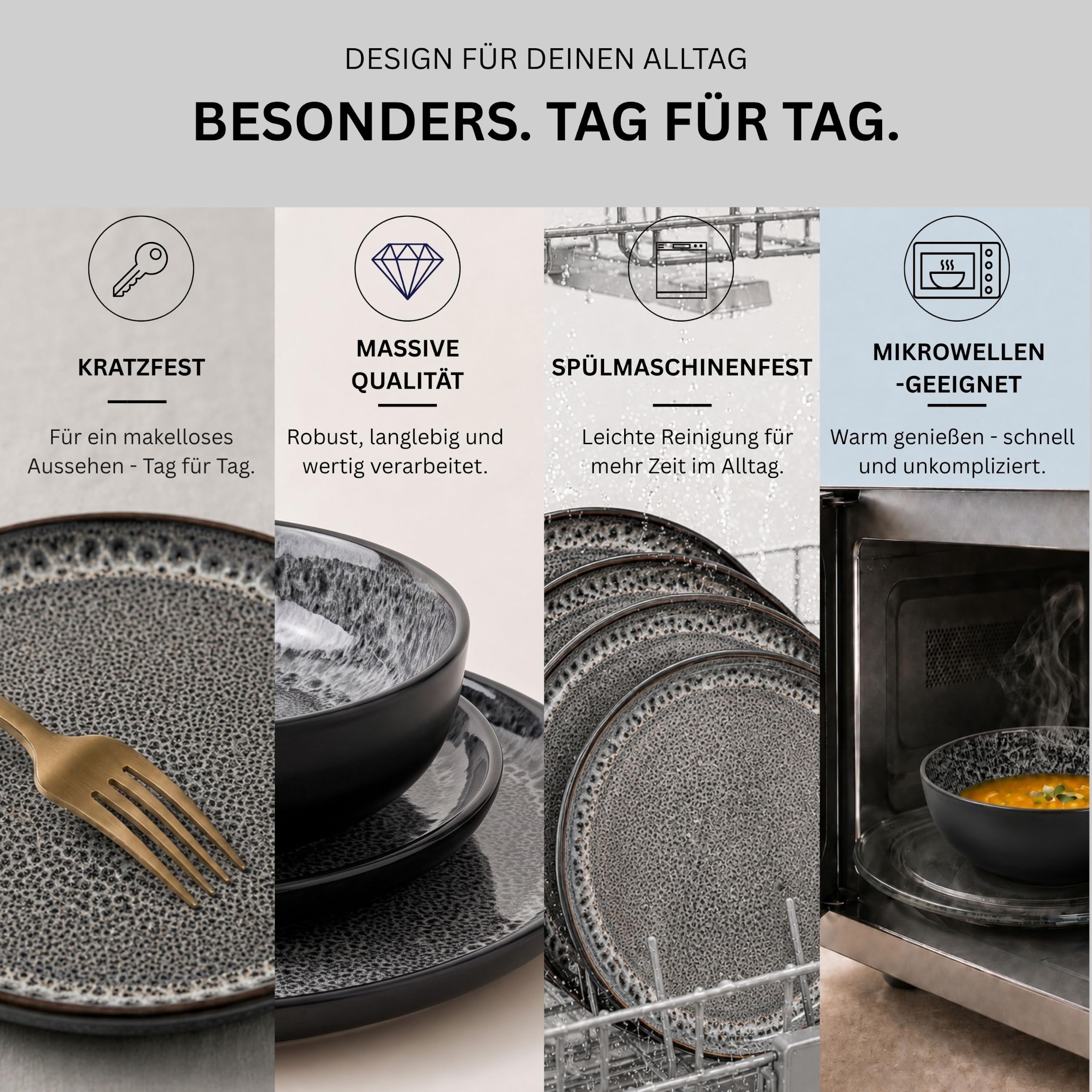 SÄNGER Sydney | Kombiservice 6 Personen, Teller Set Kaffeebecher Pastaschale 30 tlg, Steingut Geschirr Set spülmaschinen- mikrowellen- kratzfest, Geschirrset aus Steingut dunkel grau| VALUE COLLECTION